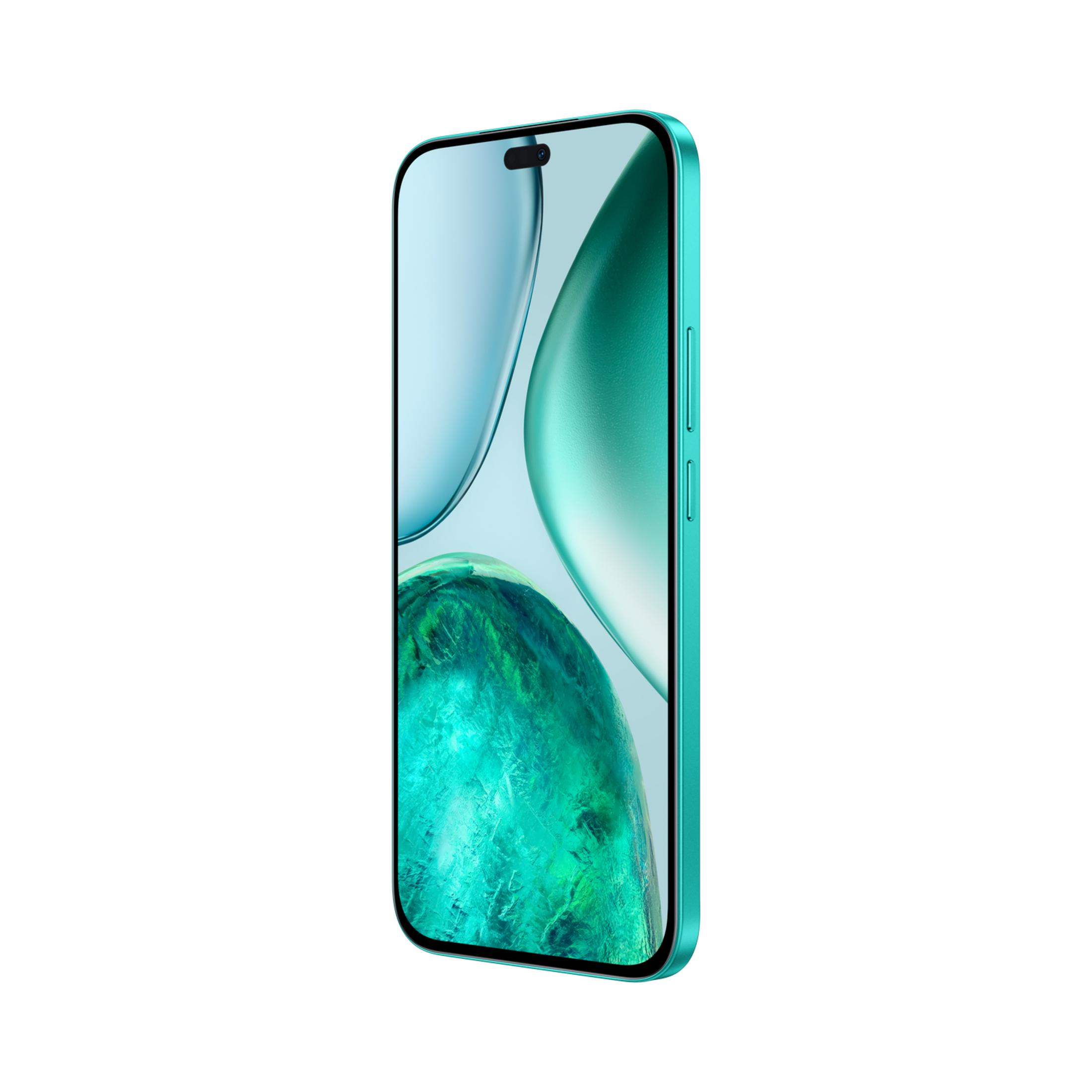 Un smartphone turquesa con un fondo de pantalla dinámico y un recorte de muesca.