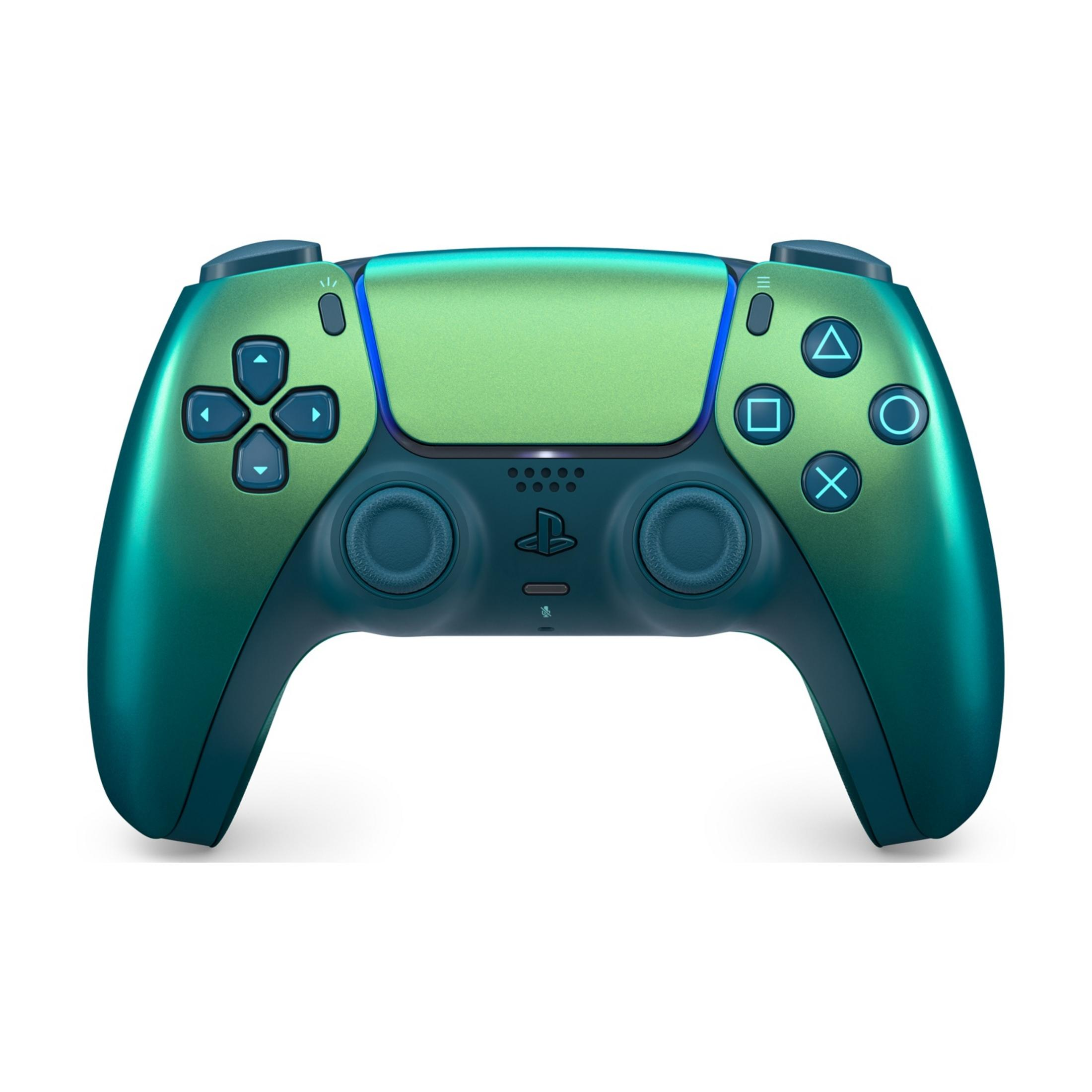 Zielony i niebieski kontroler PlayStation 5 z białymi symbolami.