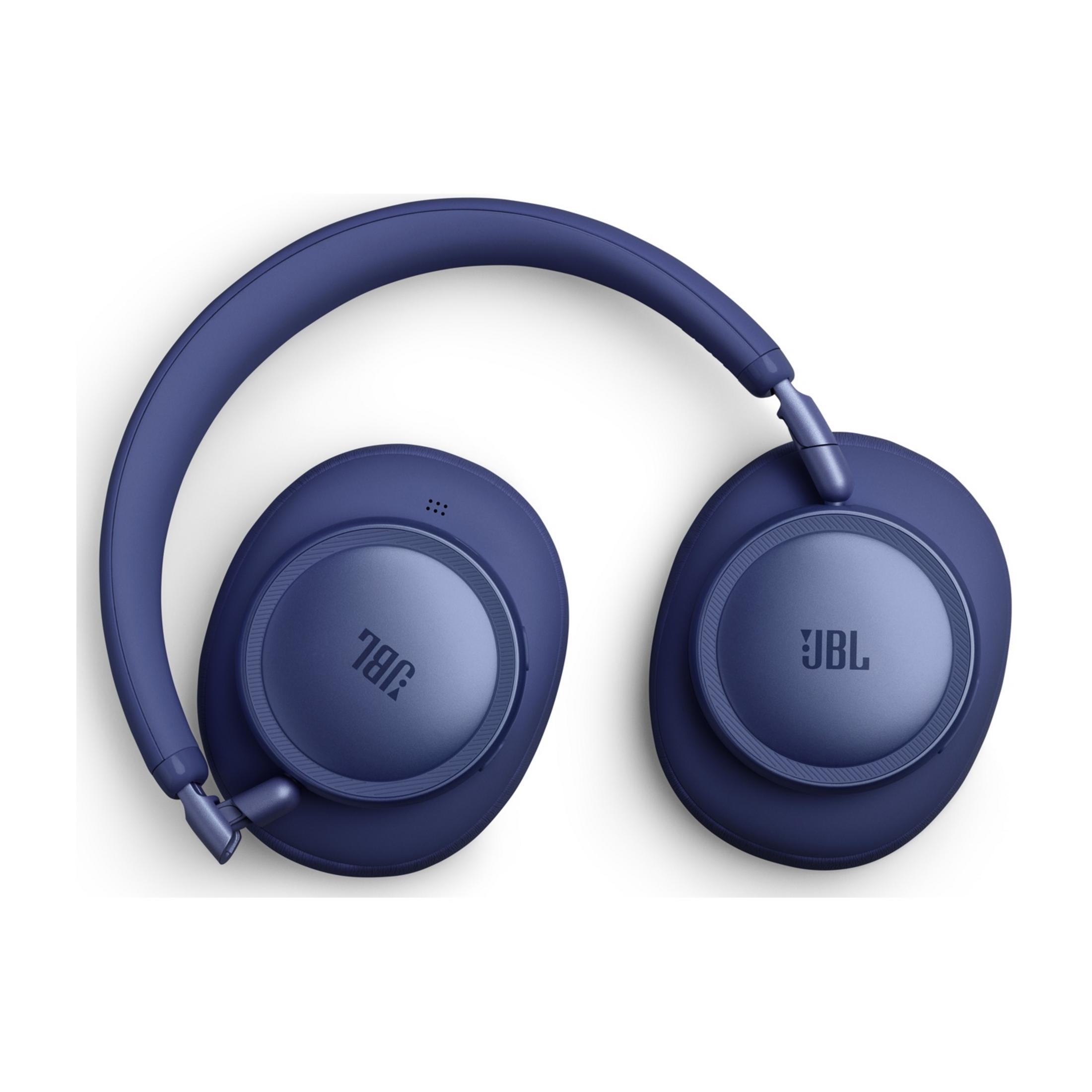 Dunkelblaue JBL Kopfhörer mit gepolstertem Kopfbügel und ovalen Ohrmuscheln.