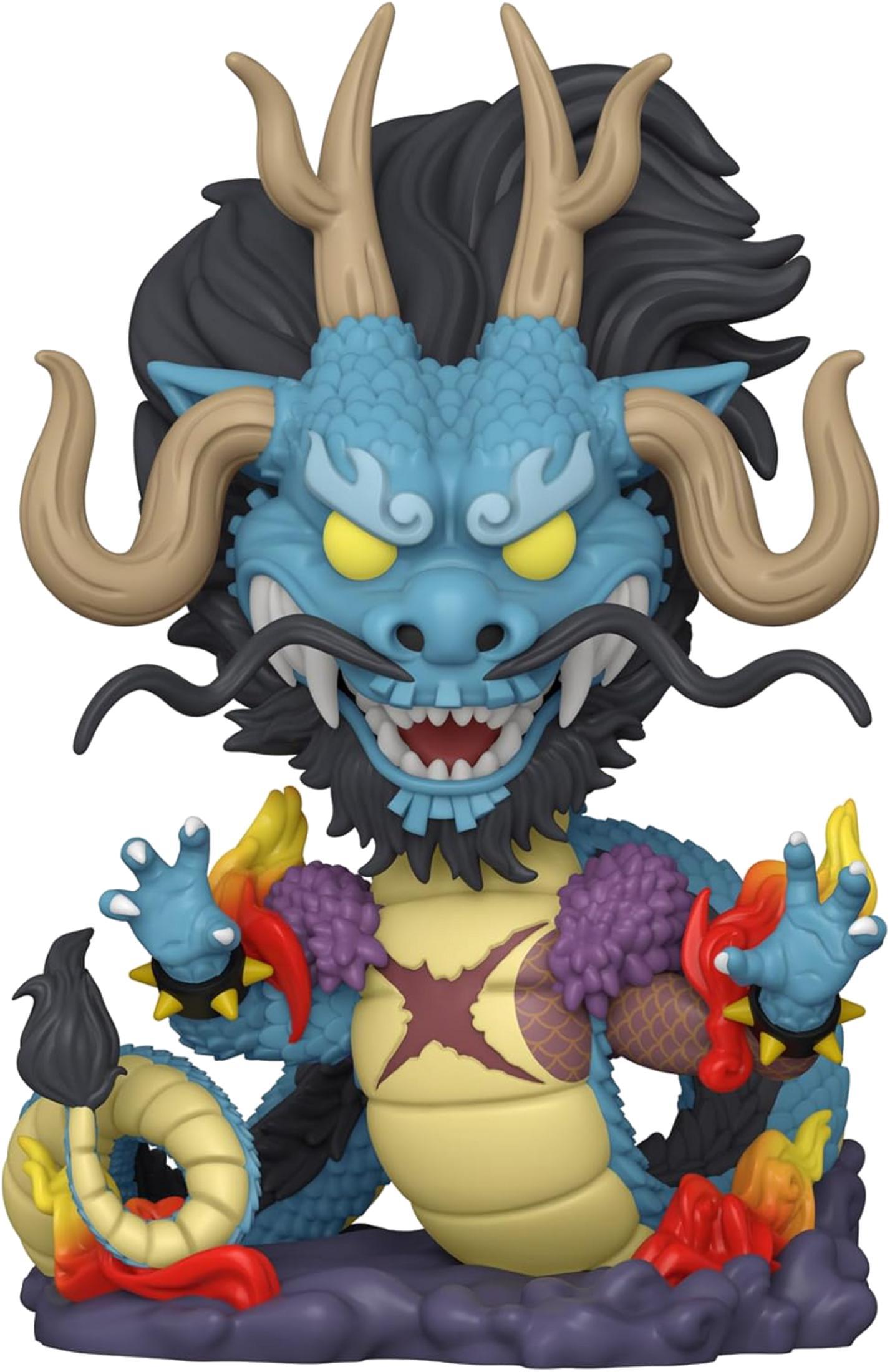 Eine blaue Drachenfigur mit gelben Augen, hellbraunen Hörnern und schwarzer Mähne. Mit lila und roten Flammen.