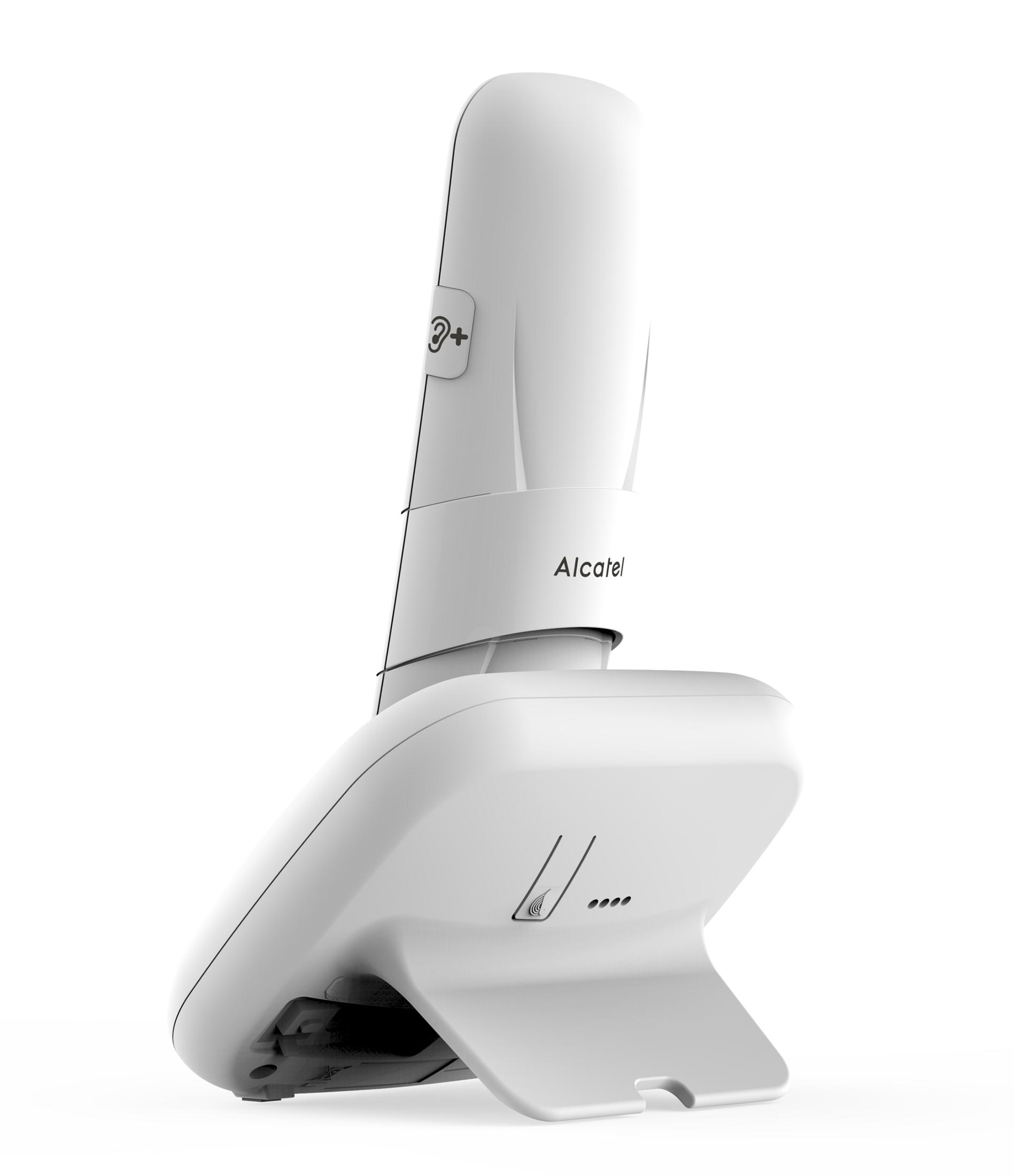 Un teléfono inalámbrico blanco Alcatel con su base de carga.