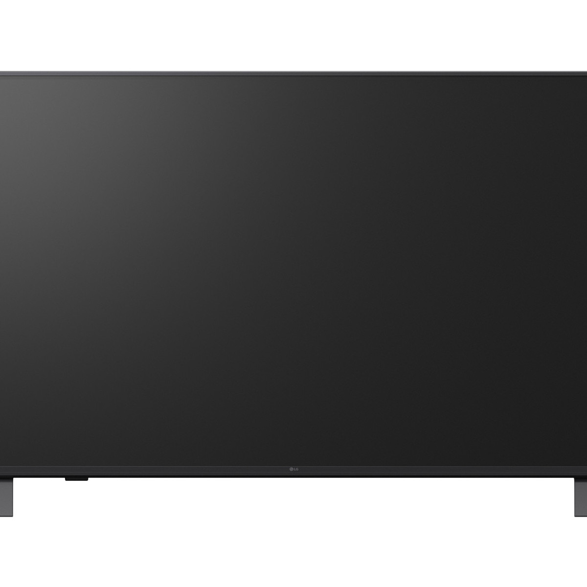 Un televisore LG nero con cornice sottile e due gambe di supporto.