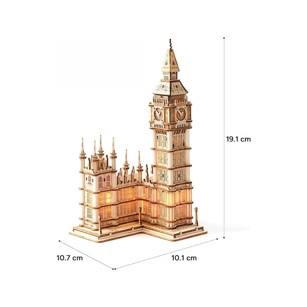 Big Ben ve Parlamento ahşap modeli. Boyutlar: 19,1 cm yükseklik, 10,7 cm genişlik, 10,1 cm derinlik.