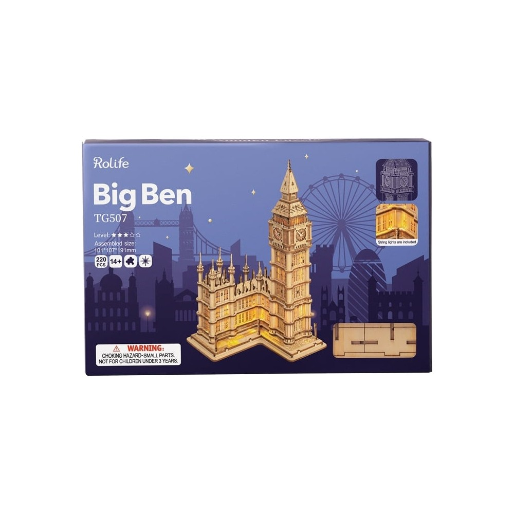 Rolife Big Ben model kiti ışıklı, Londra silüeti arka planlı, 220 parça