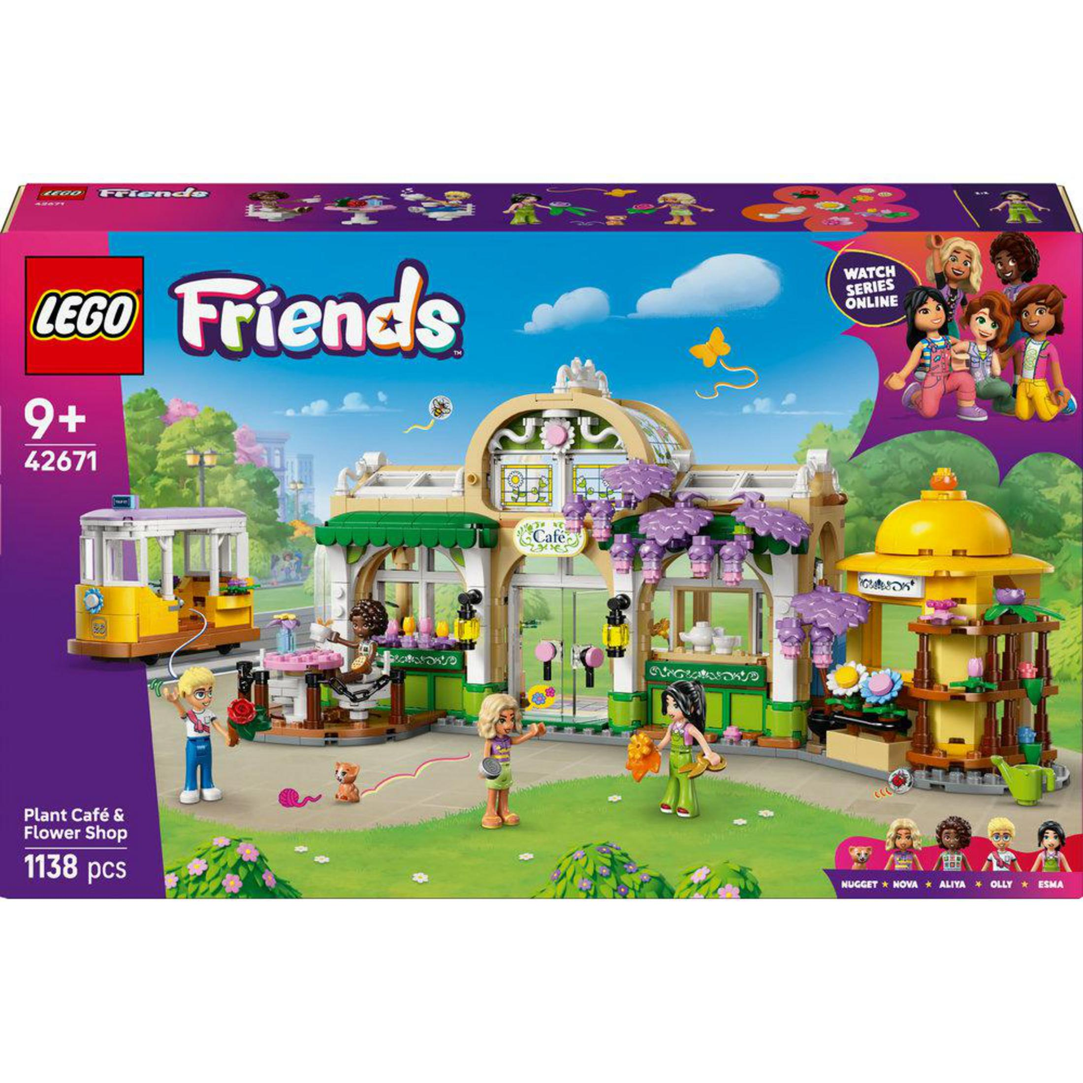 Zestaw Lego Friends "Plant Café & Flower Shop" z figurkami i tramwajem.