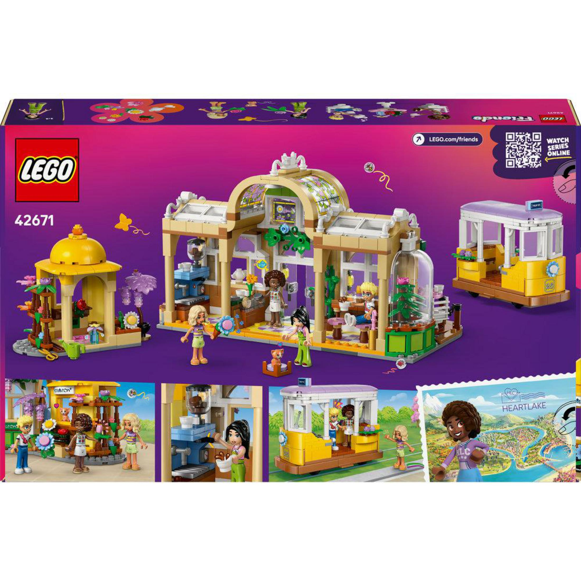 Zestaw LEGO Friends z szklarnią, tramwajem, pawilonem i figurkami.