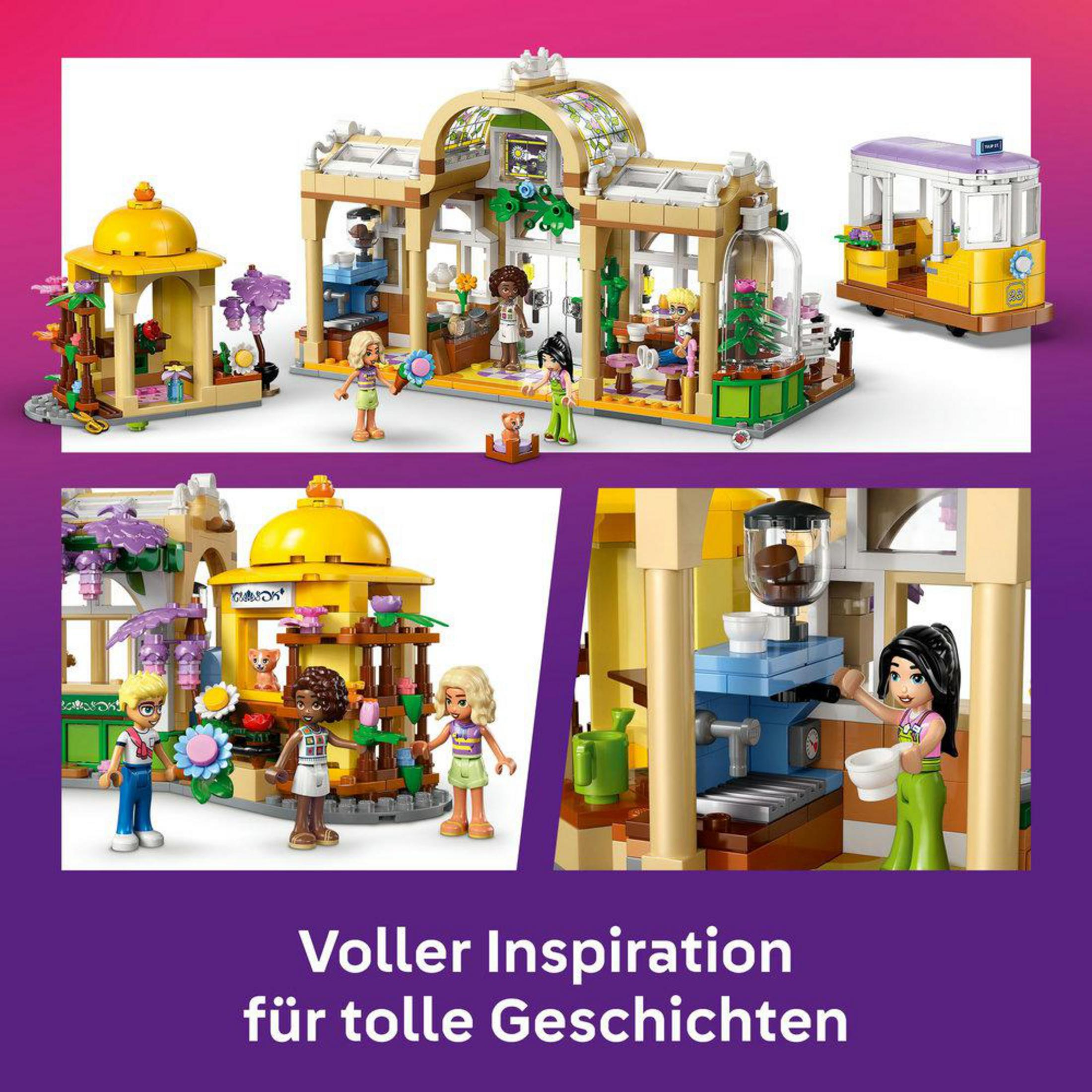 Kolorowe zestawy Lego z figurkami, budynkiem i tramwajem.