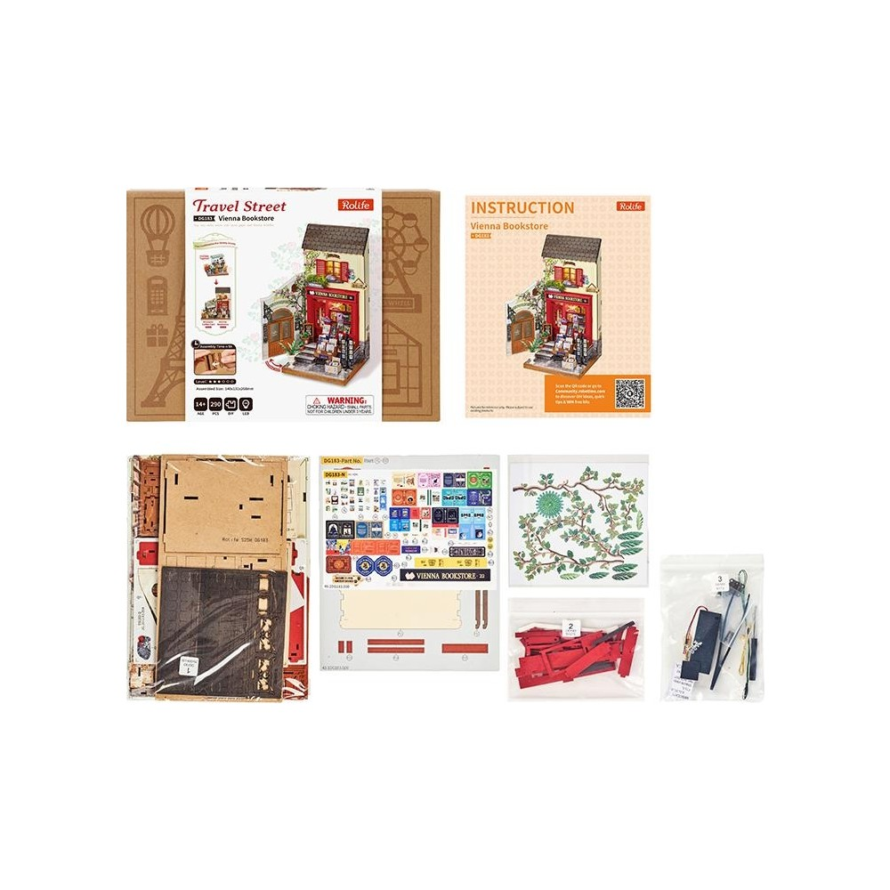 Talimatlar ve aksesuarlar içeren DIY minyatür kitapçı kiti.