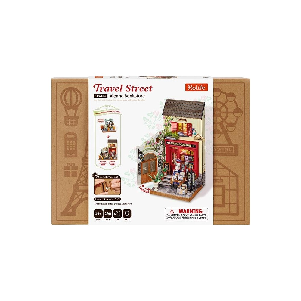 Rolife Travel Street Viyana Kitapçısı model kiti karton ambalaj üzerinde.