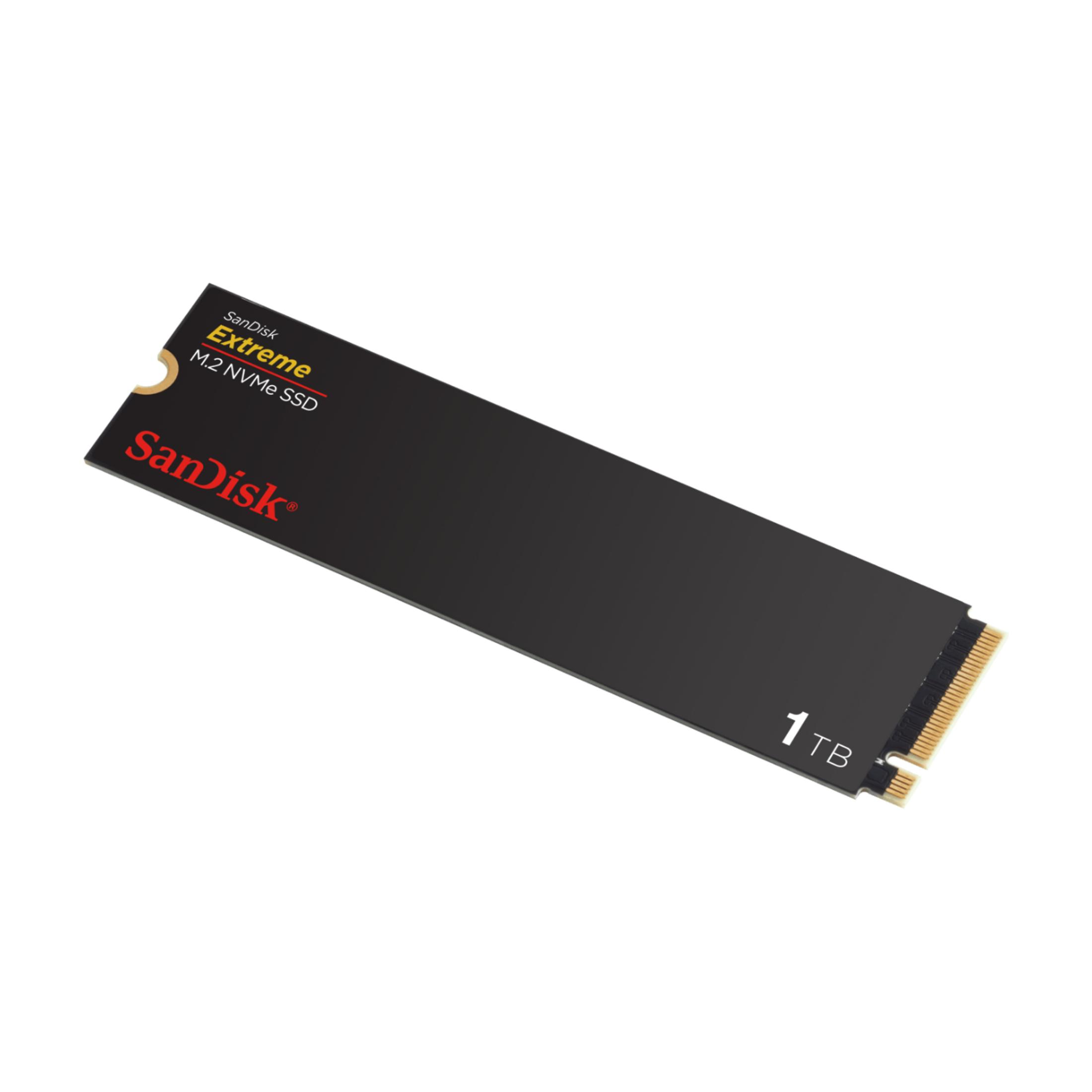 Eine schwarze SanDisk Extreme 1TB M.2 NVMe SSD mit goldenem Anschluss.