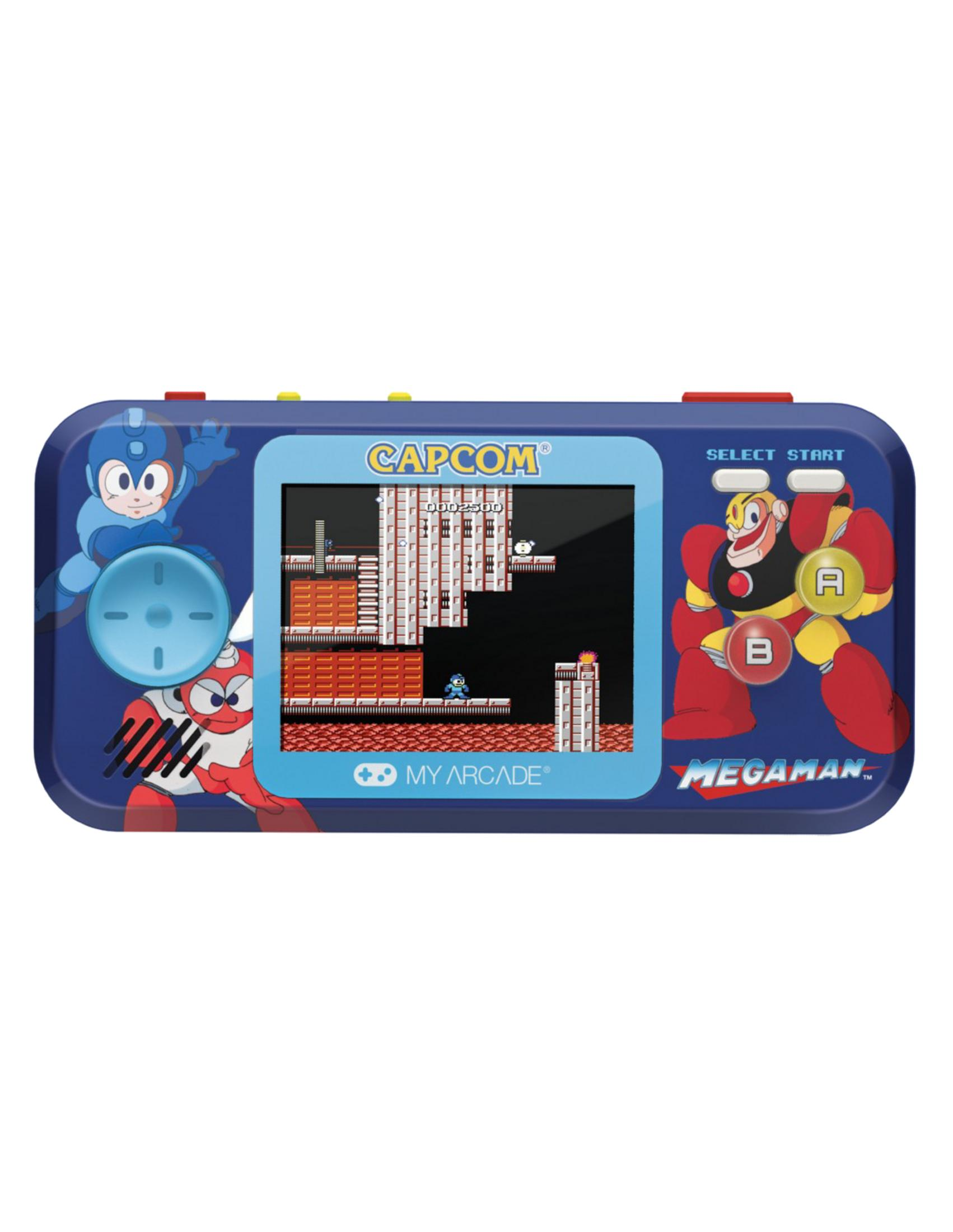 Console portatile blu con grafica Capcom e Mega Man, mostra un gioco in corso.