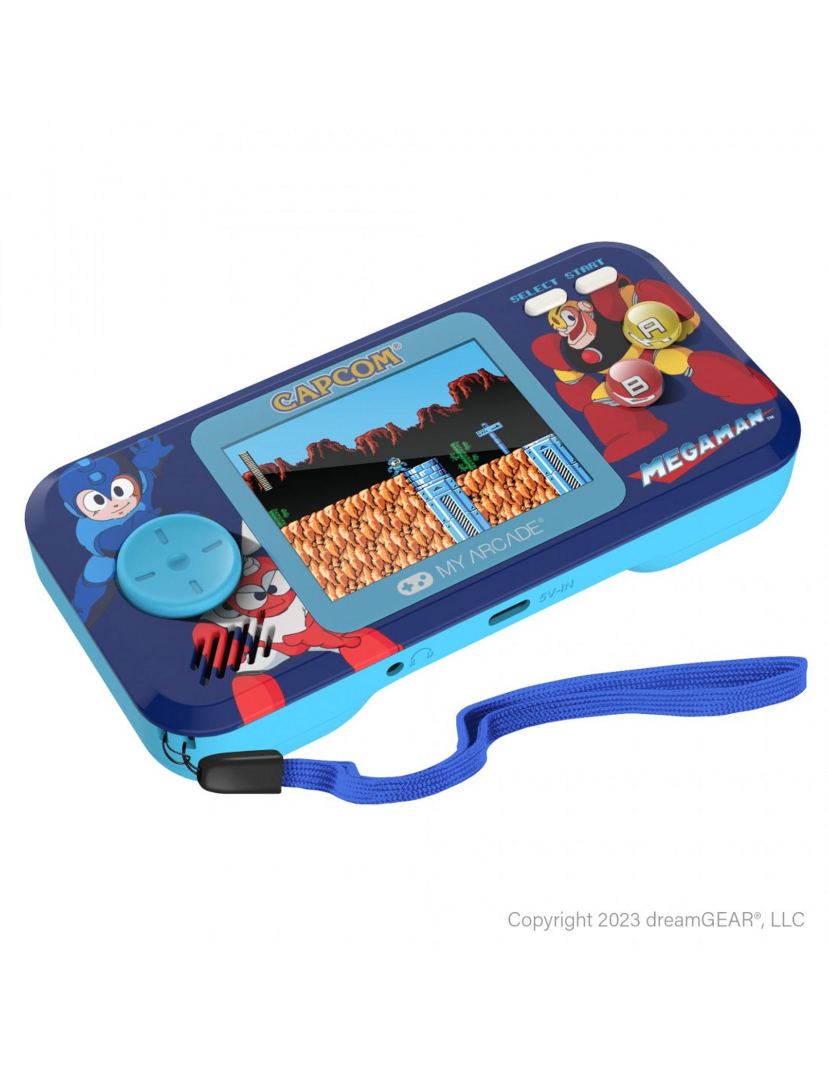 Console portatile blu a tema Capcom e Megaman con schermo di gioco.