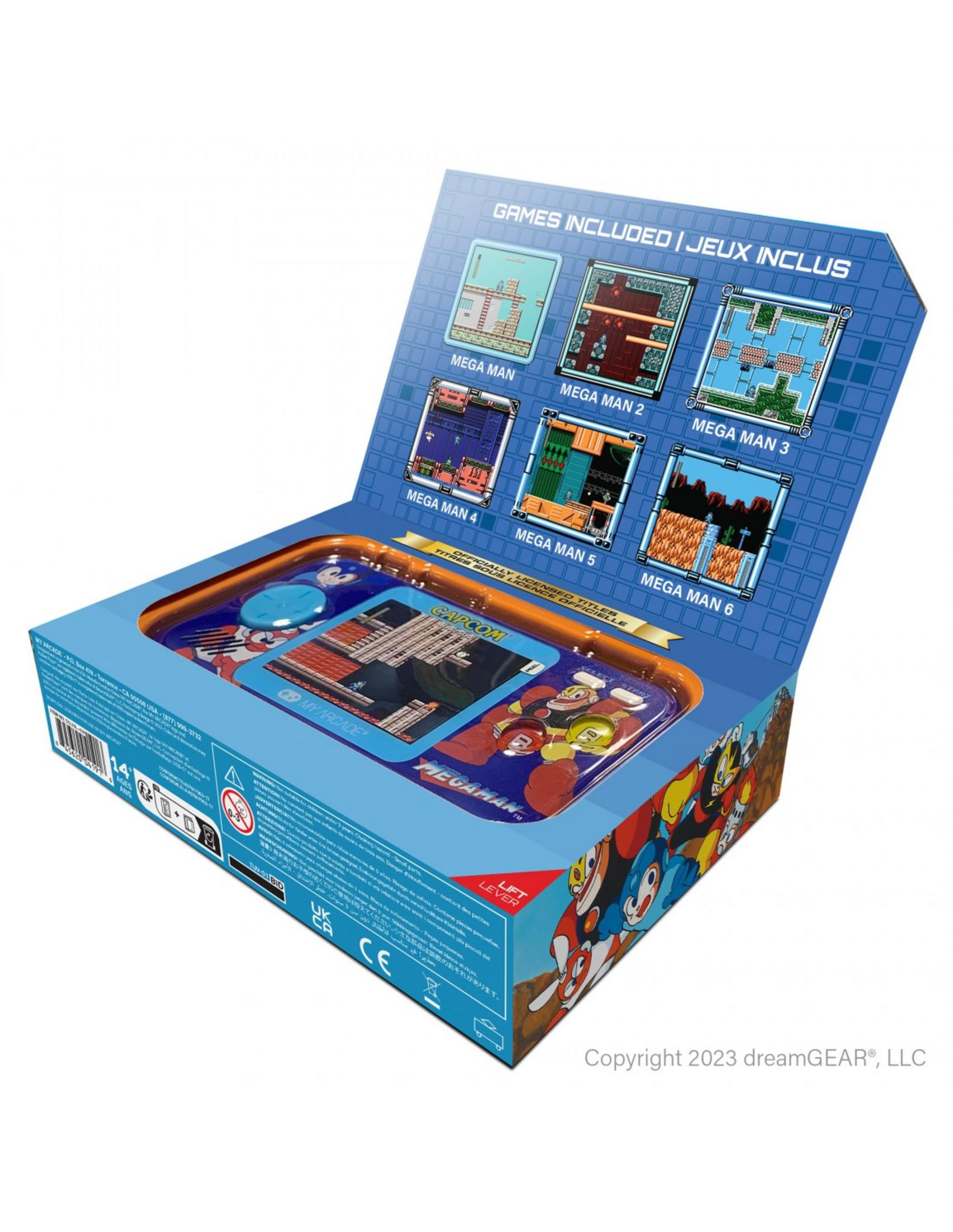 Console portatile Mega Man in scatola, mostra schermate di gioco e personaggi.