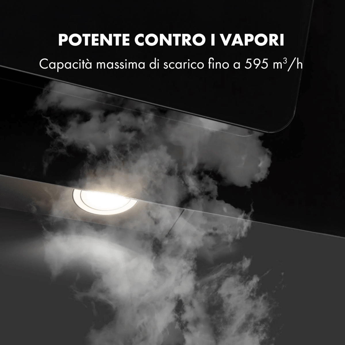 Una campana negra con luz brillante emite vapor. Texto: POTENTE CONTRA VAPORES.