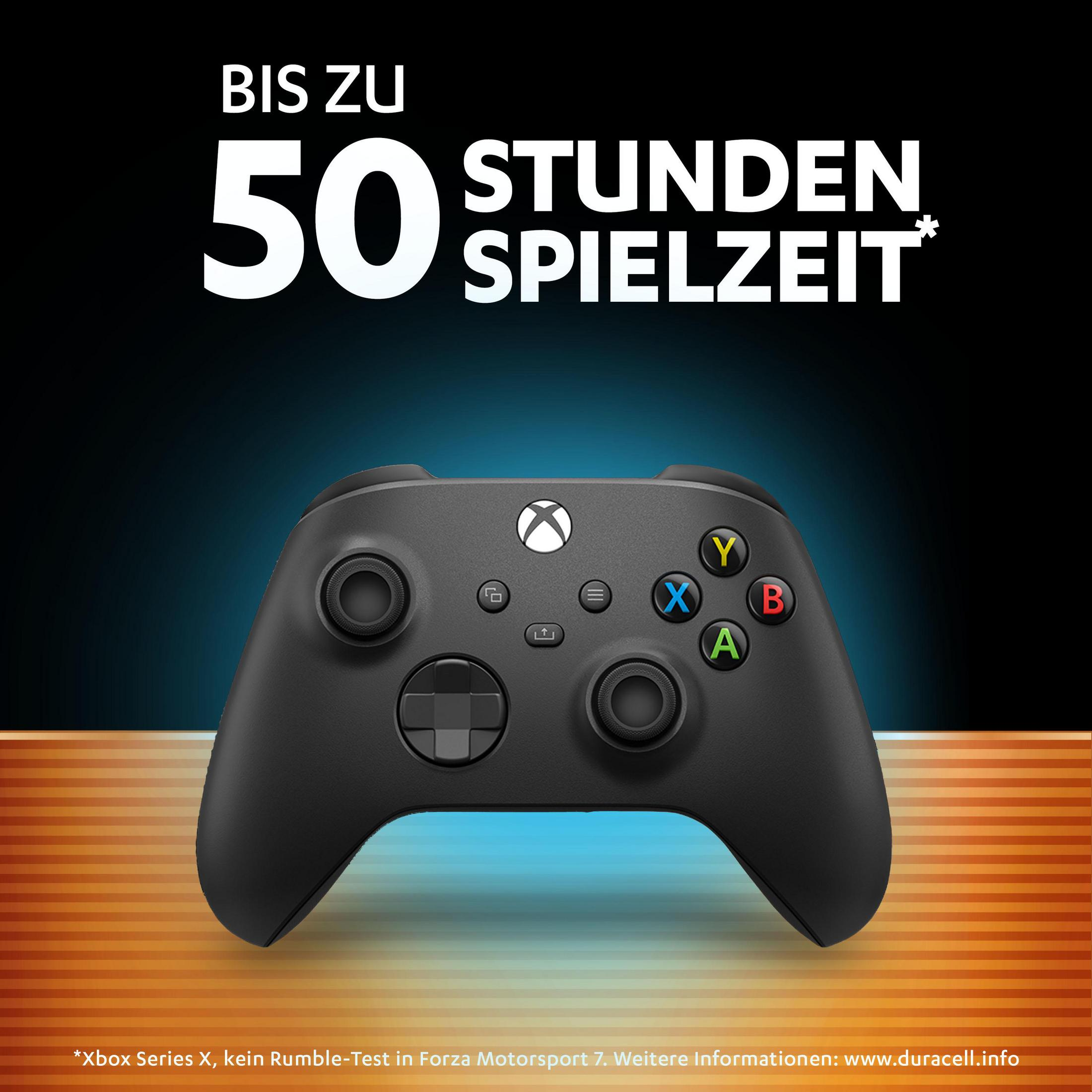 Un controller Xbox nero con i pulsanti Y, B, A, X. "Fino a 50 ore di gioco".