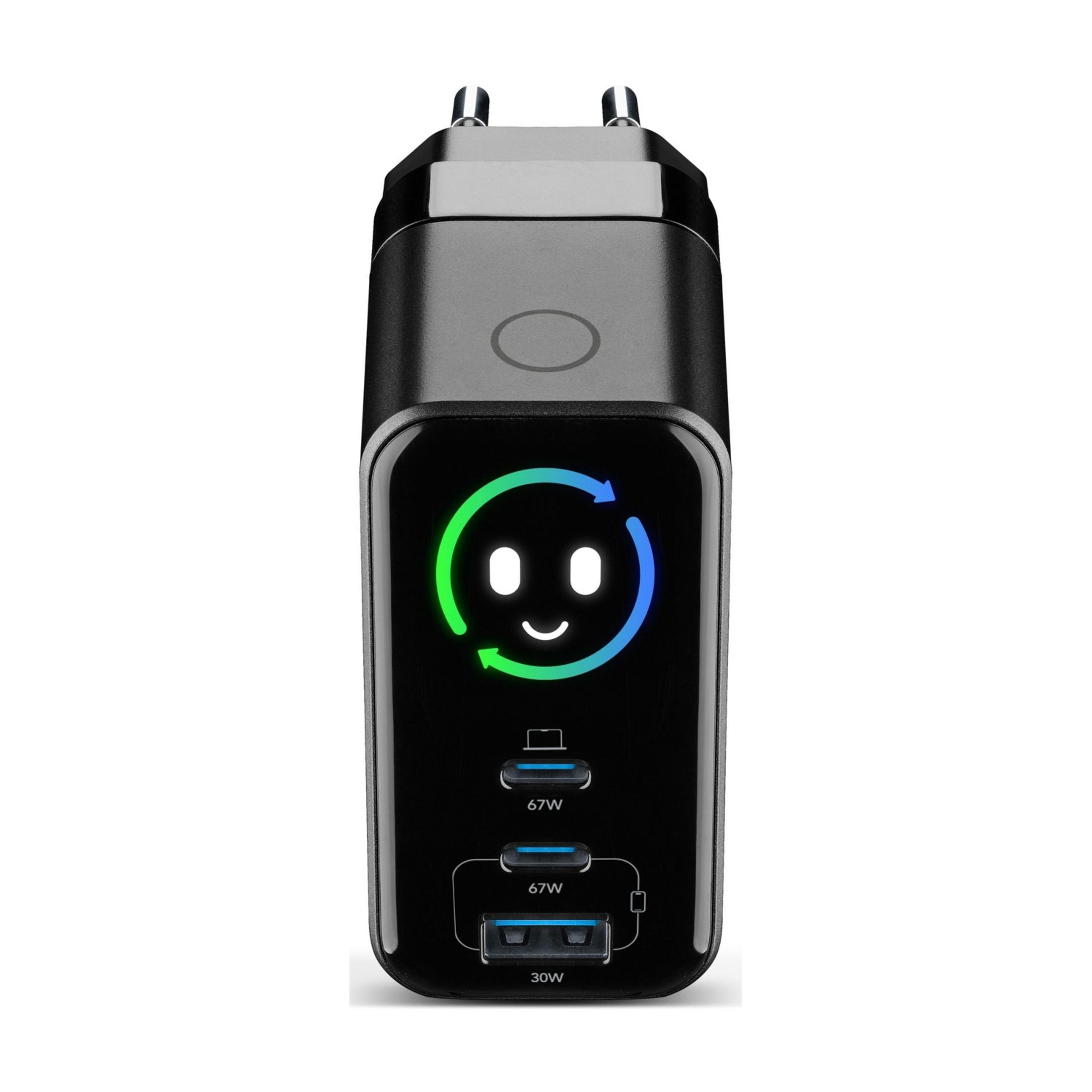 Schwarzer Netzstecker mit USB-Anschlüssen und Smiley-Display.
