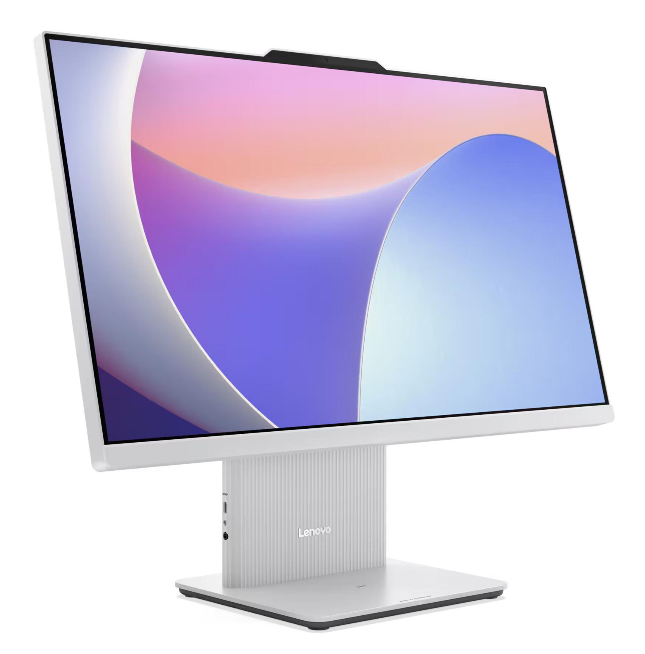 Un computer all-in-one bianco Lenovo mostra uno sfondo moderno.
