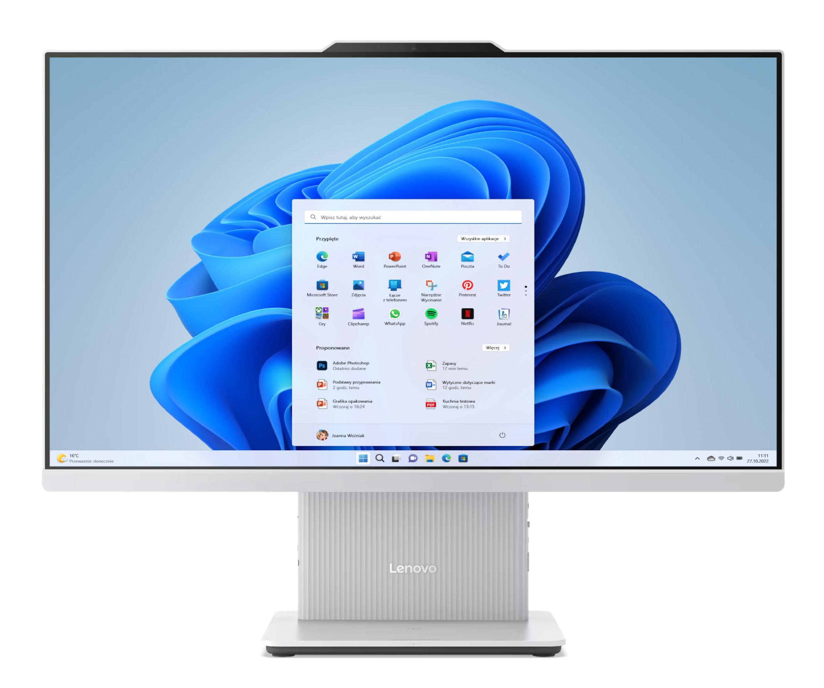 Un PC all-in-one Lenovo che mostra il menu Start di Windows 11 con uno sfondo blu.
