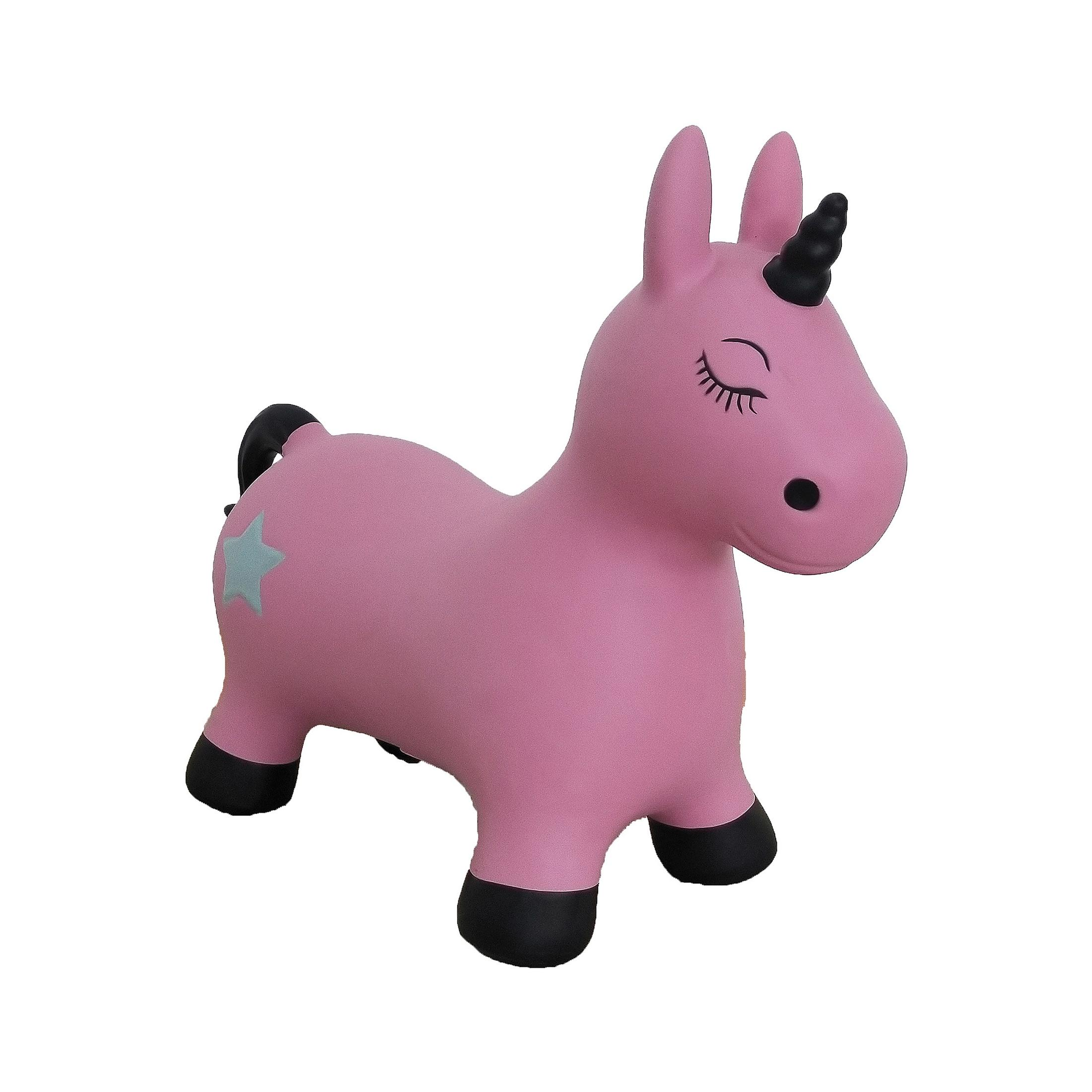 Un unicorno gonfiabile rosa con zoccoli, corno e orecchie neri.