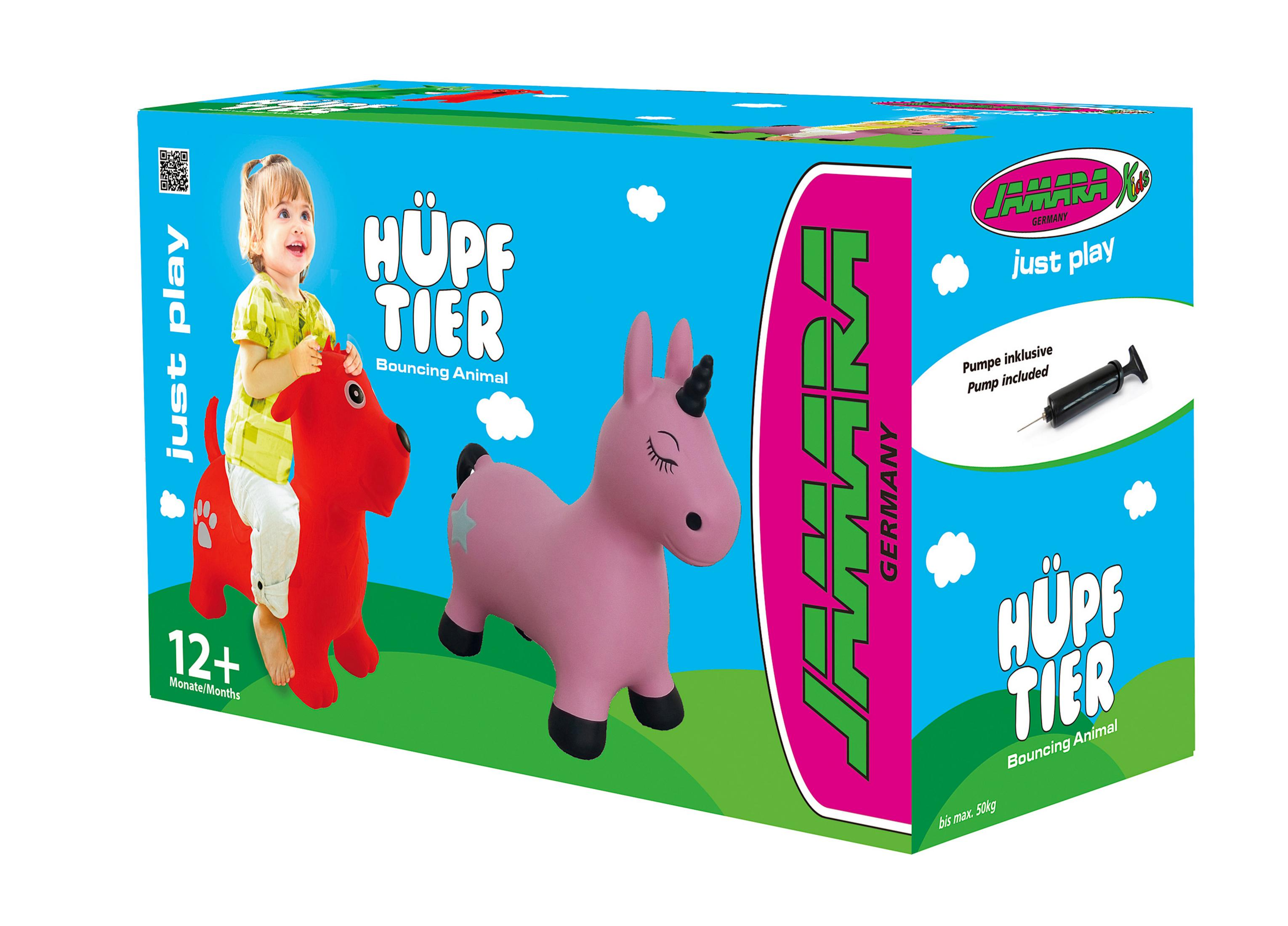 Scatola di un animale rosso rimbalzante con una bambina e un unicorno rosa con pompa.