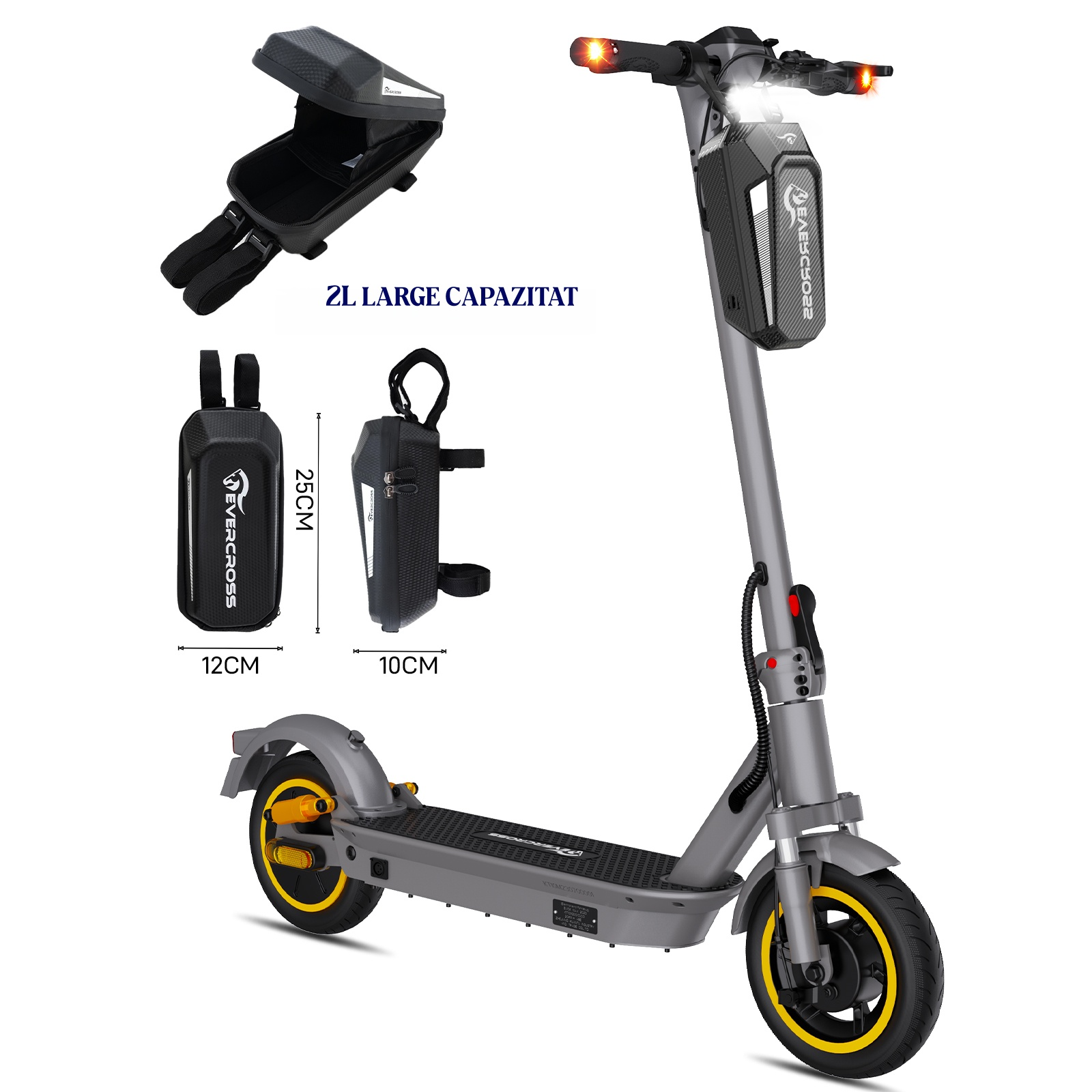 Gray electric scooter with black handlebar bag and dimensions shown.