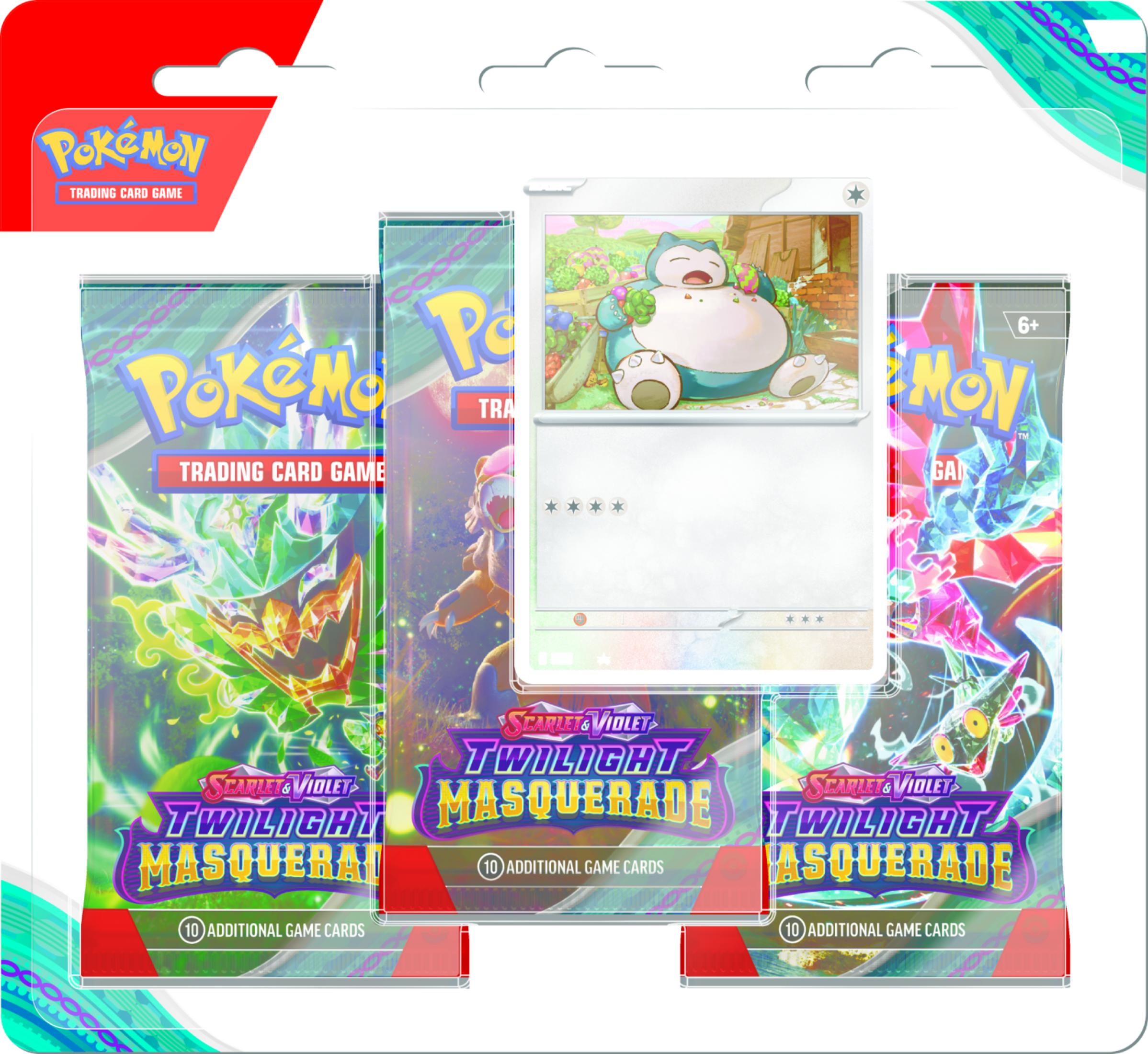 Pokemon Sammelkartenpackungen mit Snorlax-Karte und "Twilight Masquerade"-Design.