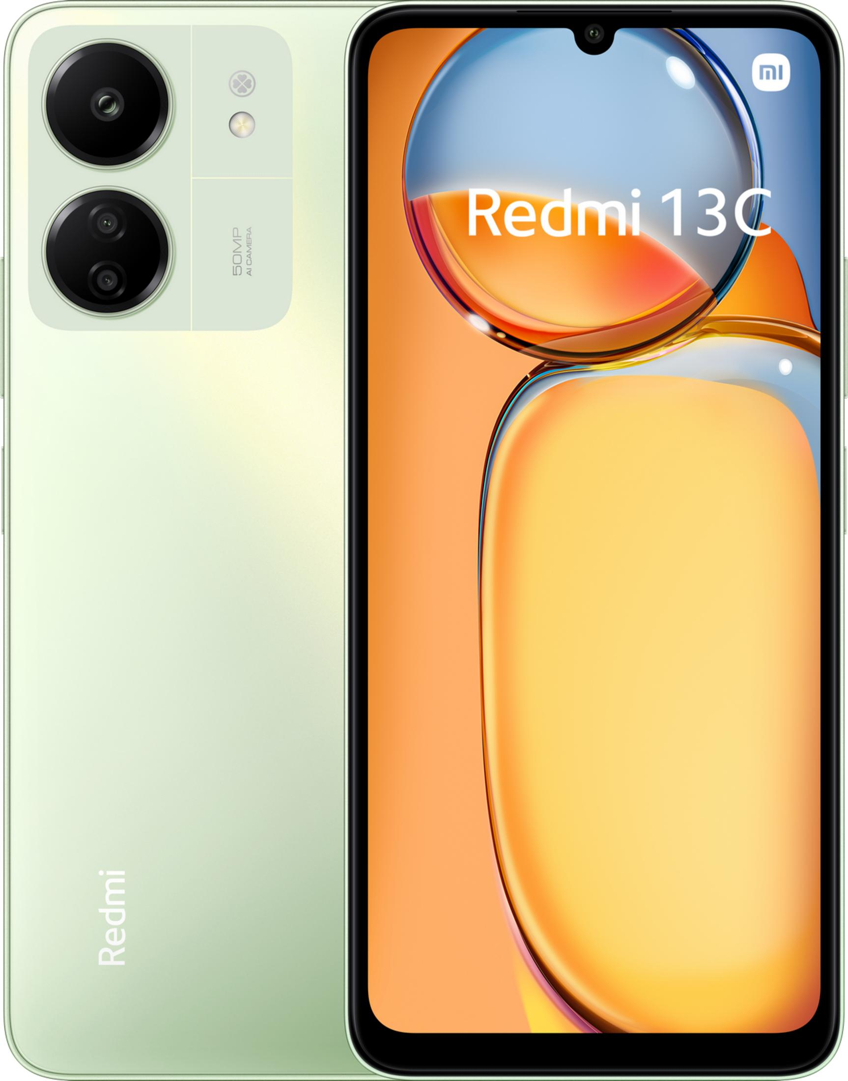 Een lichtgroene smartphone met dubbele camera's aan de achterkant en het Redmi-logo.