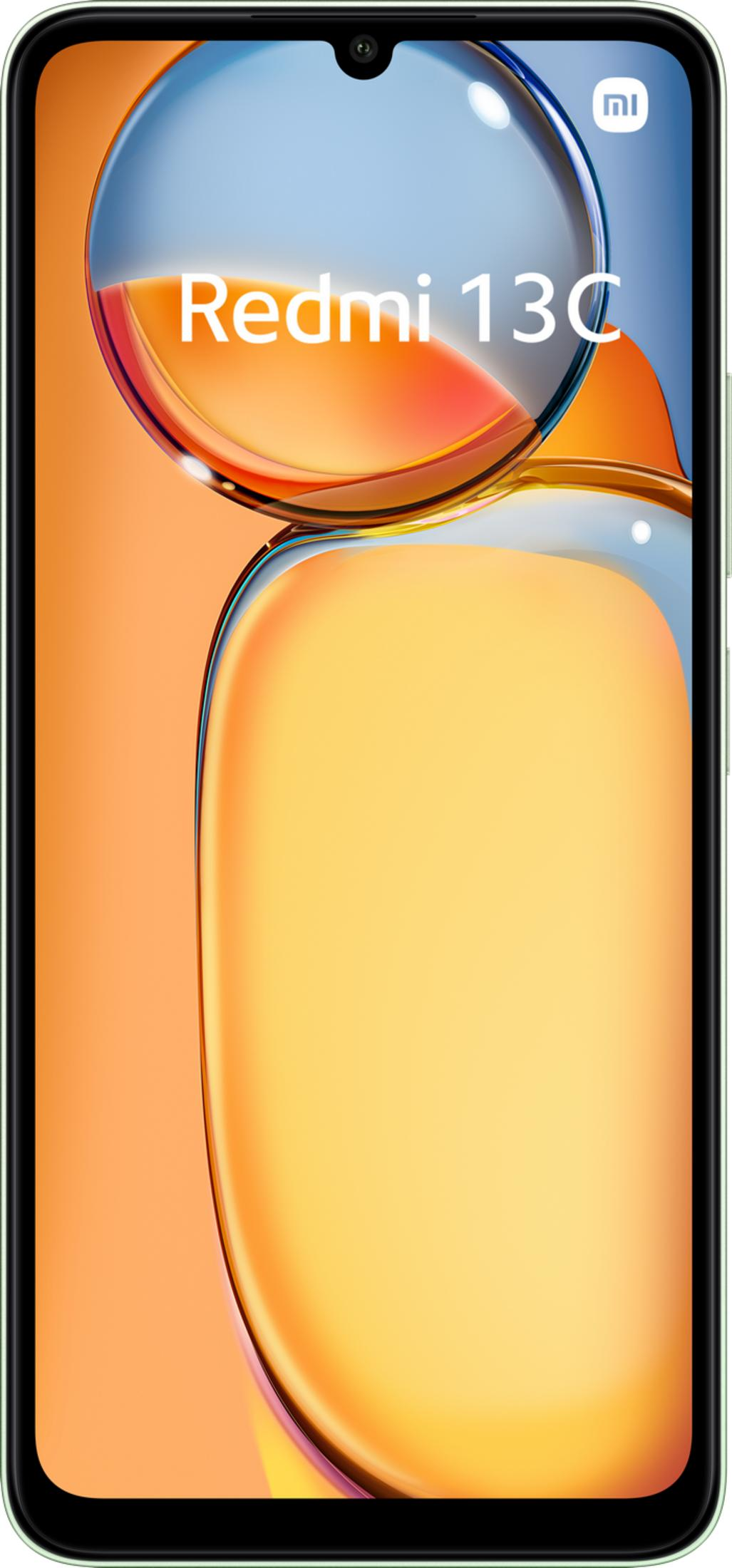 Een smartphone met "Redmi 13C" op een oranje achtergrond.