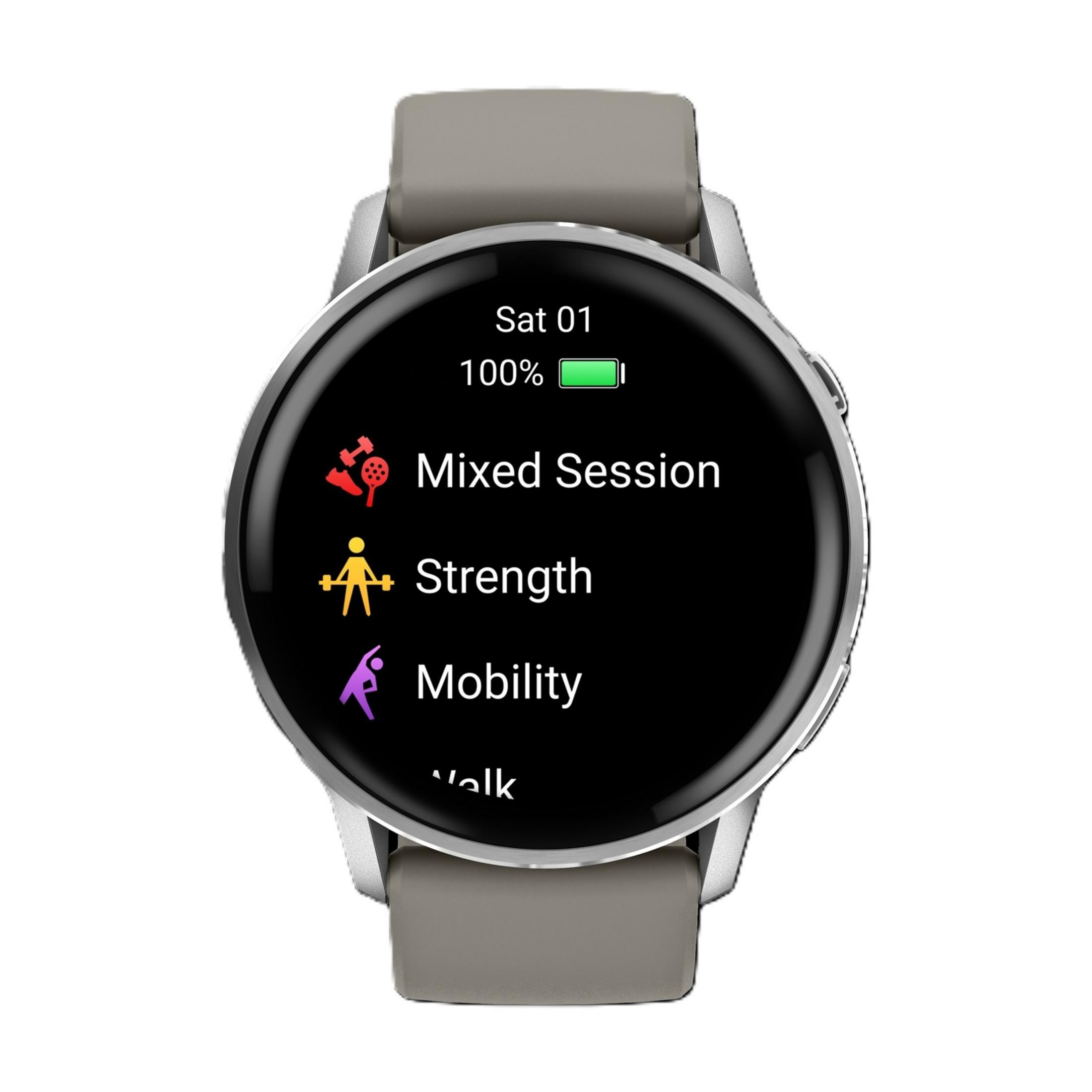 Reloj inteligente gris mostrando actividad: Sesión mixta, Fuerza, Movilidad, Caminar.