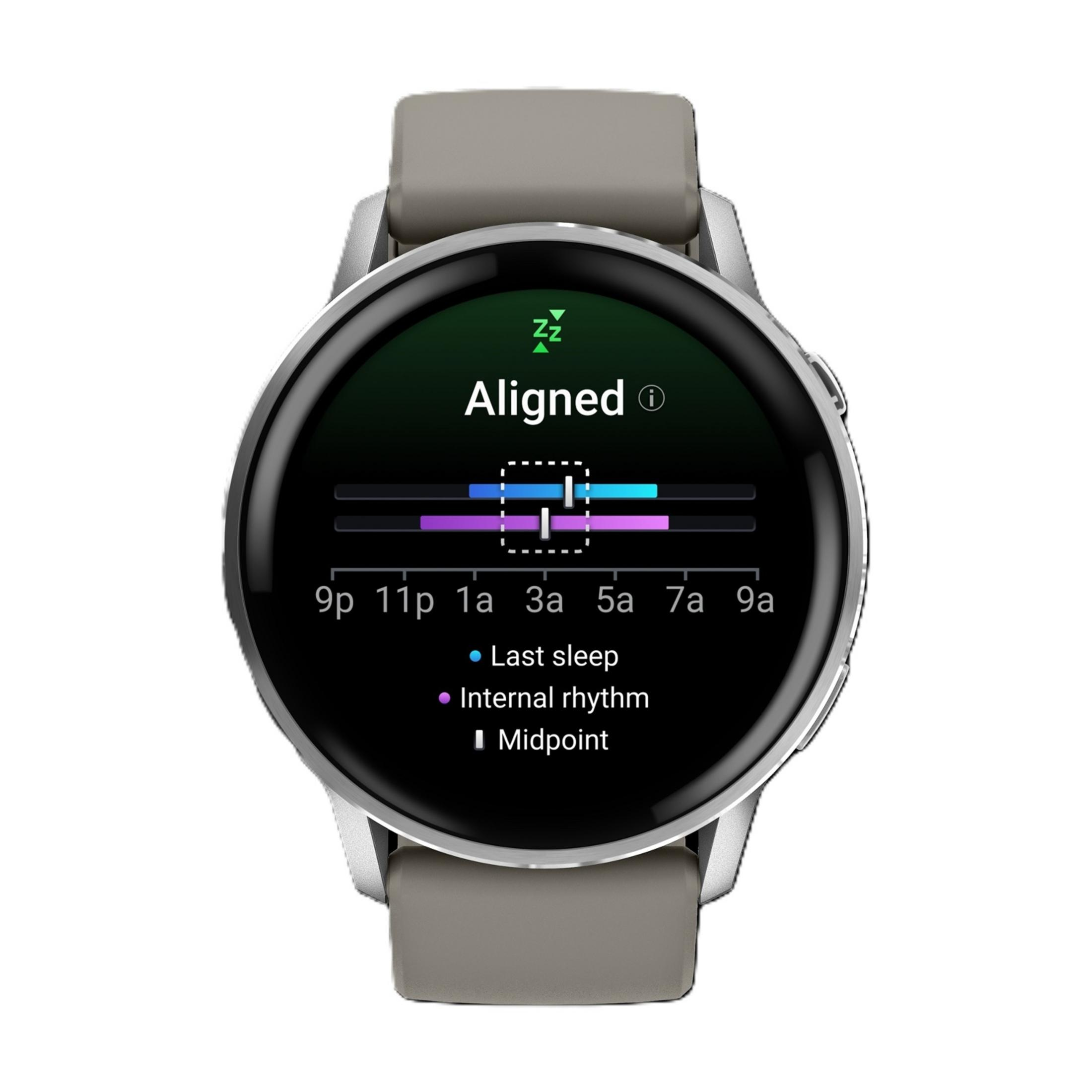 Un reloj inteligente muestra el ritmo de sueño con 'Alineado'.