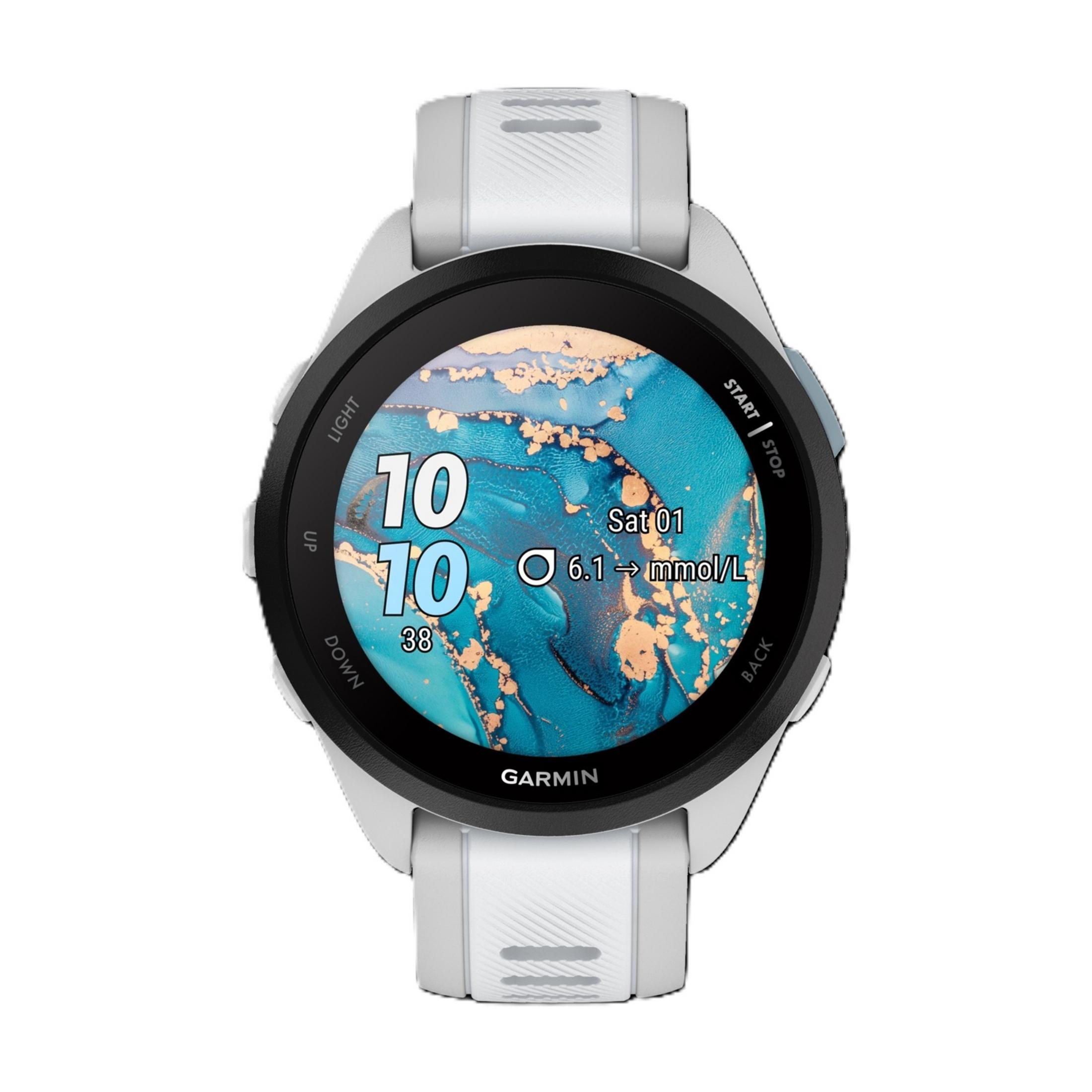 Weiße Smartwatch mit blau-goldenem Zifferblatt. Zeigt 10, 10, 38 und 6.1 mmol/L.