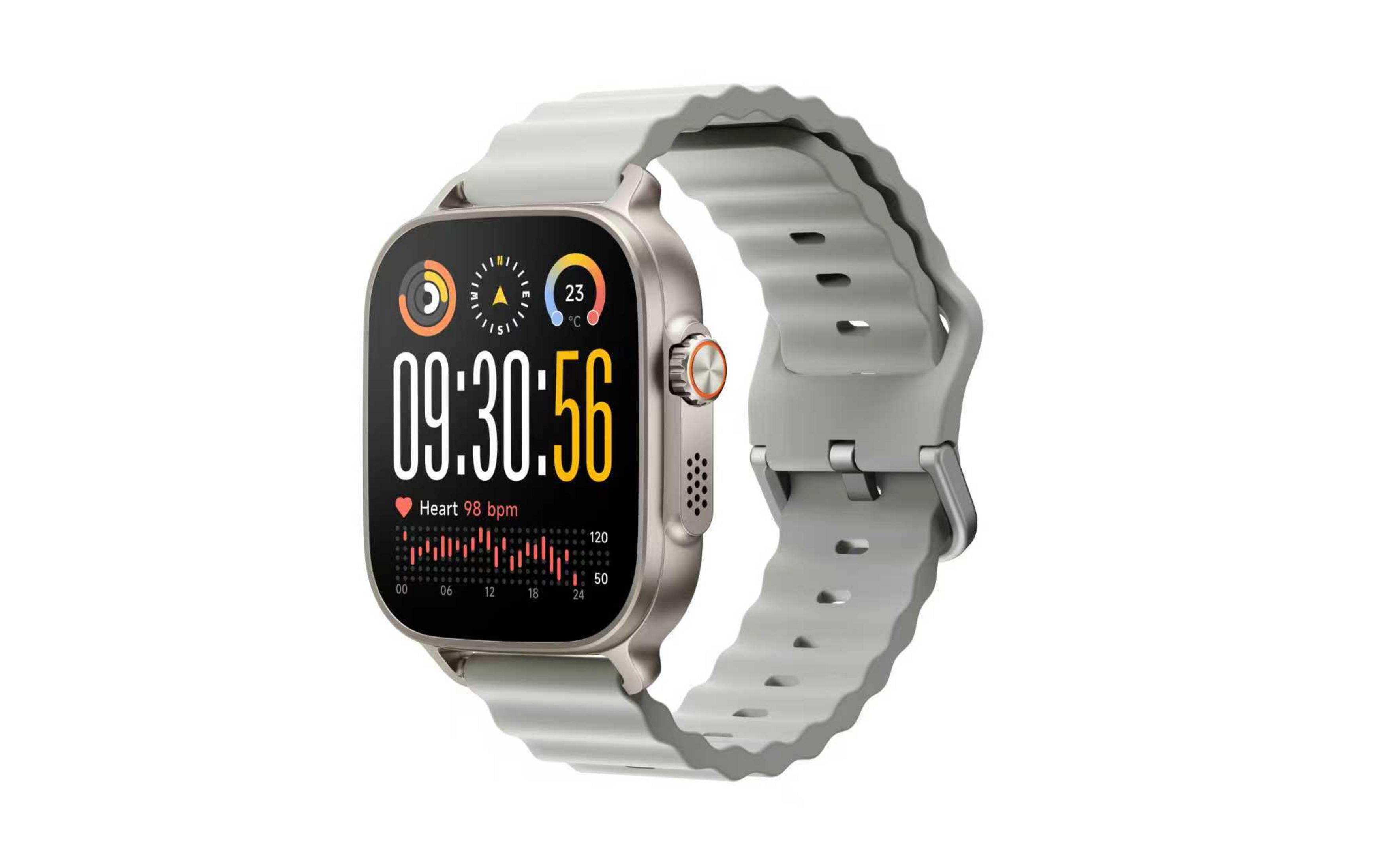 Graue Smartwatch mit digitaler Anzeige von Zeit, Herzfrequenz und Temperatur.