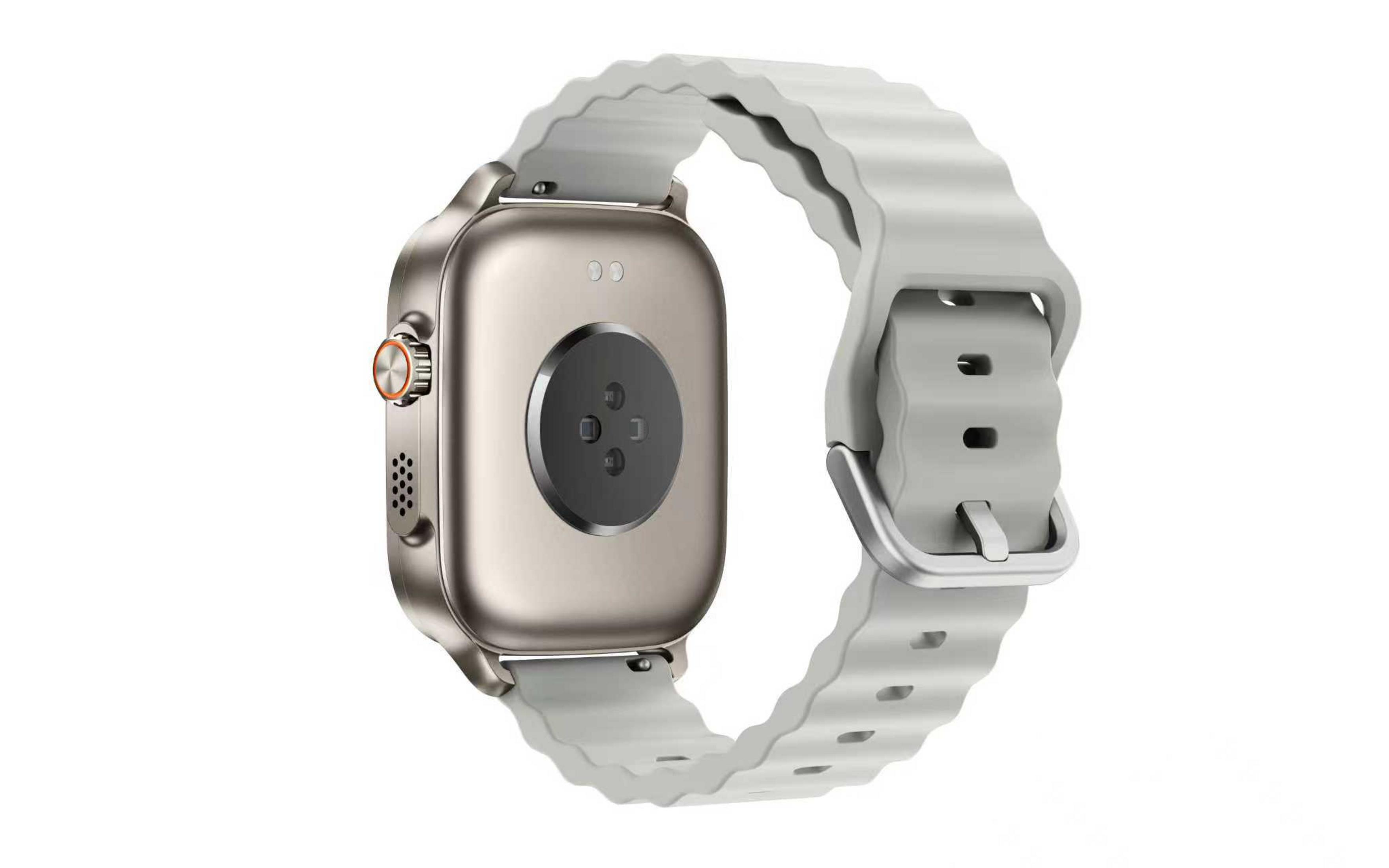 Rückseite einer Smartwatch mit silbernem Gehäuse und weißem Armband.