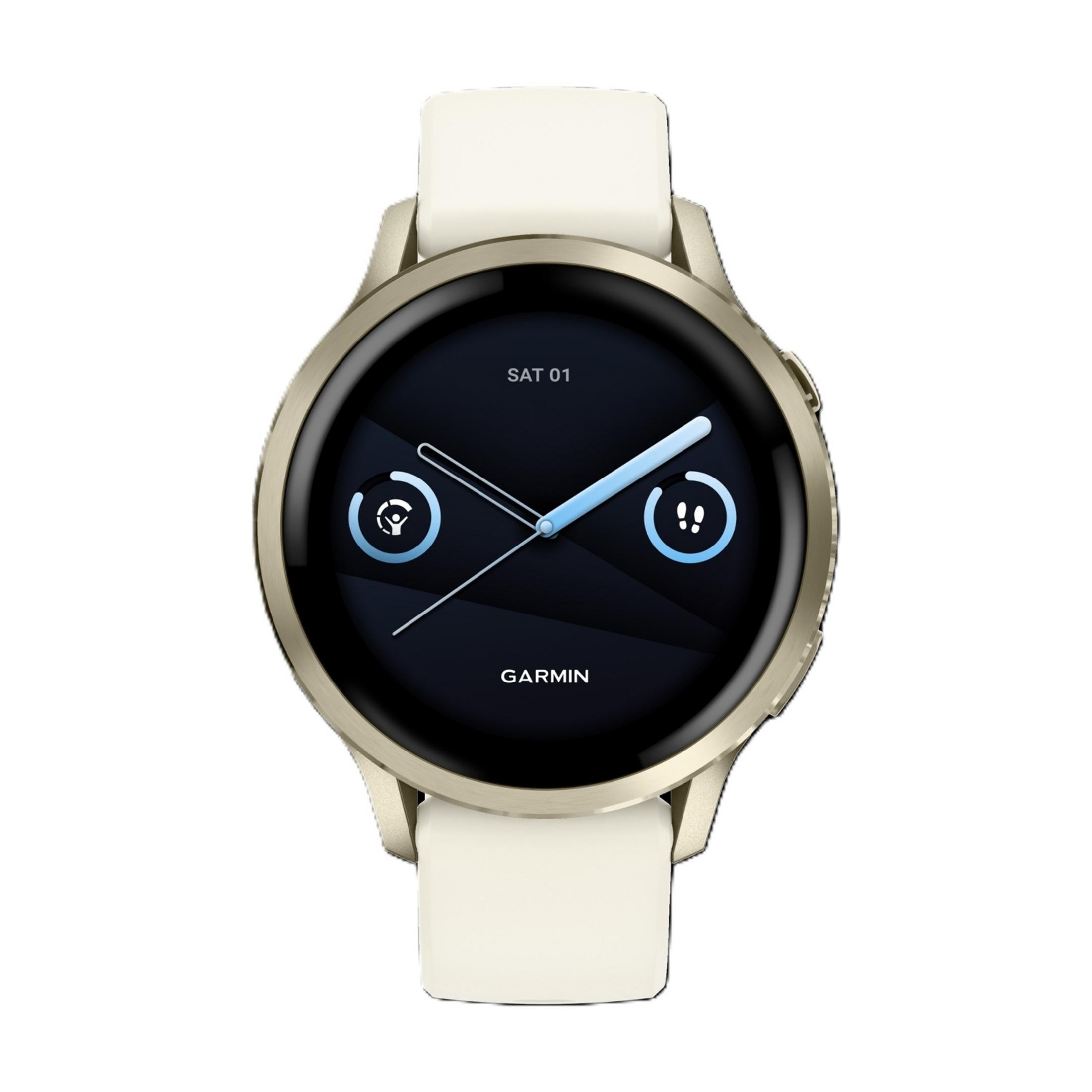 Beyaz kordonlu altın rengi Garmin saat, CUM 01, adım sayısını ve aktivite halkalarını gösteriyor.