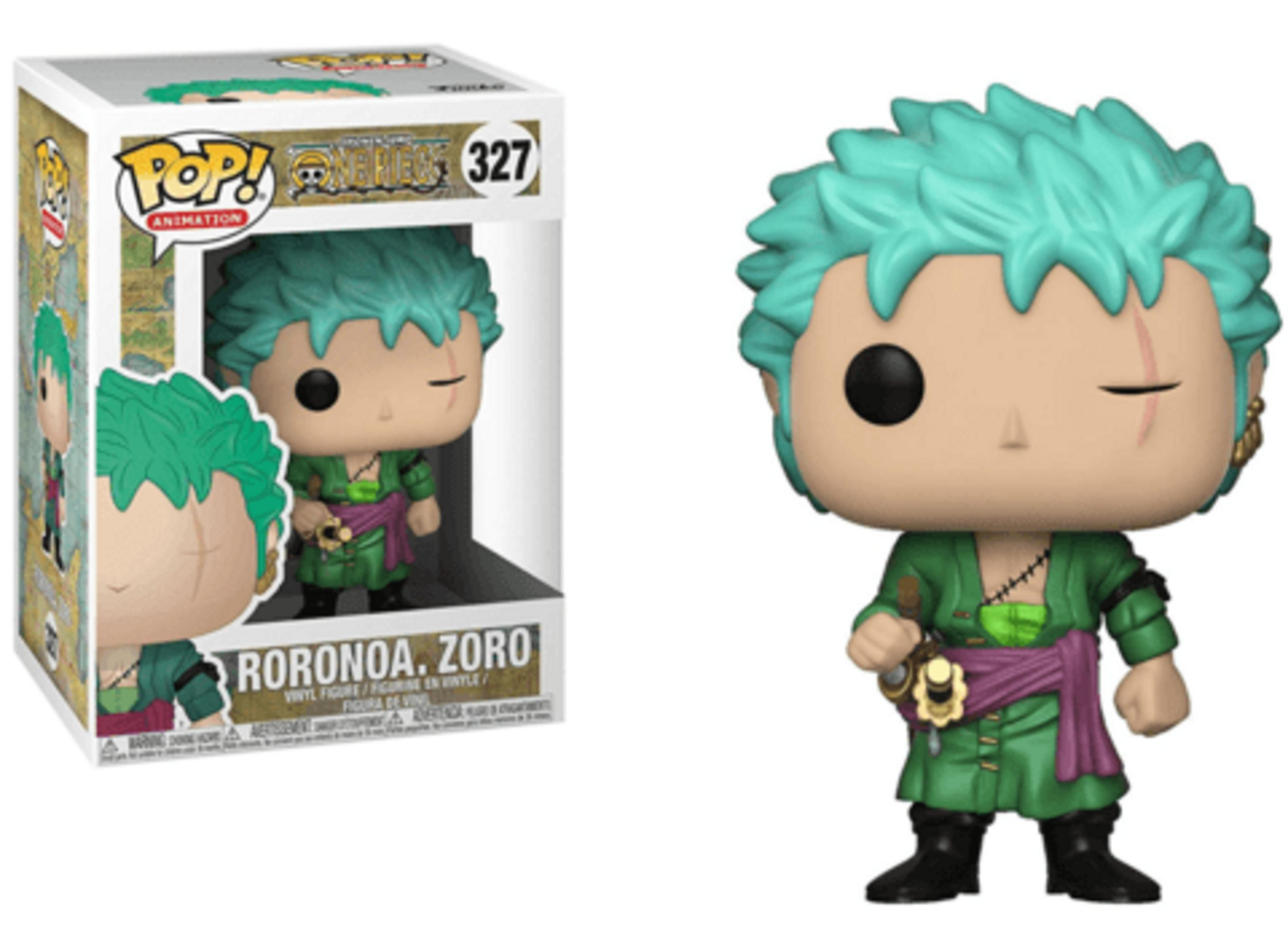 Statua Funko Pop di Roronoa Zoro con capelli turchesi, outfit verde e spade.