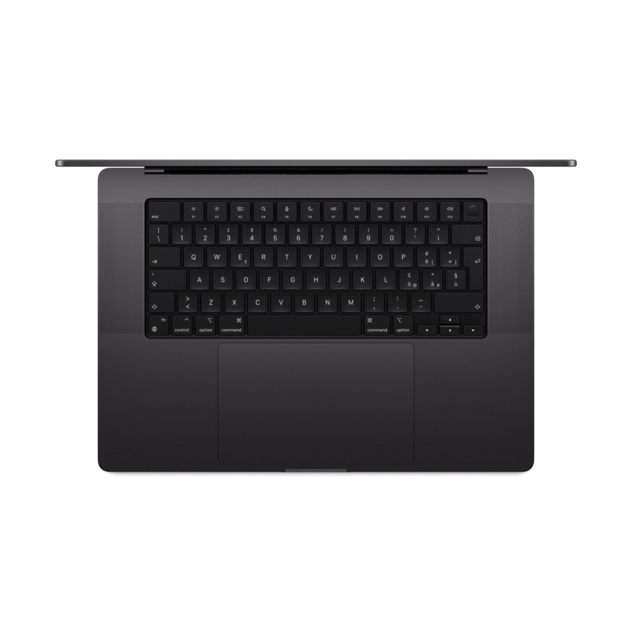 MacBook Pro grigio scuro con tastiera e trackpad, vista dall'alto.