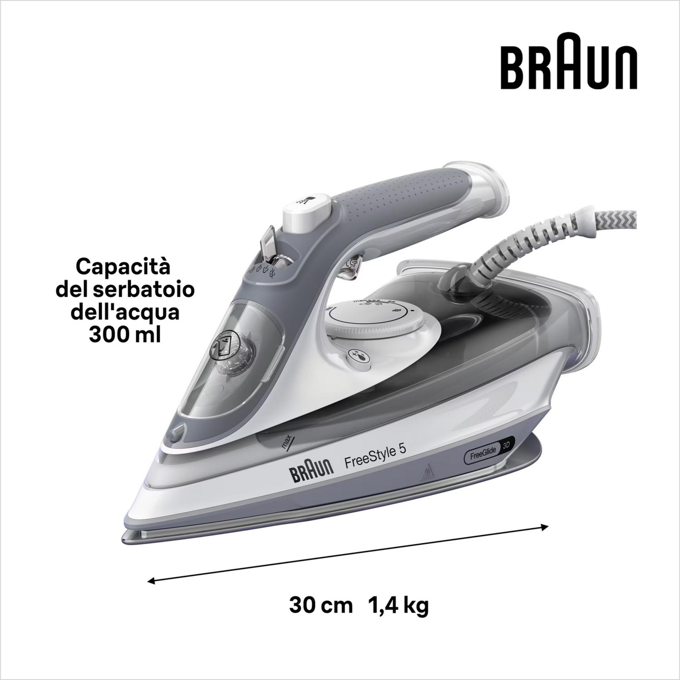 Graues und weißes Bügeleisen mit 300 ml Wassertankkapazität, 30 cm Länge, 1,4 kg.
