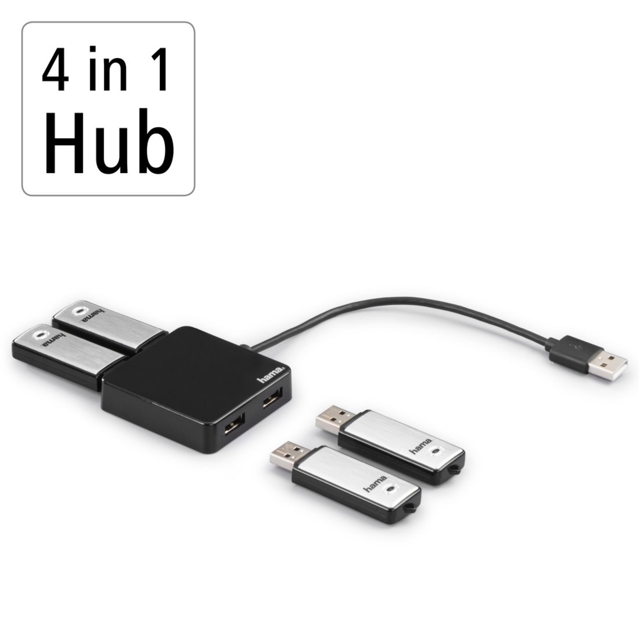 Un hub USB nero con cavo e tre chiavette USB collegate.