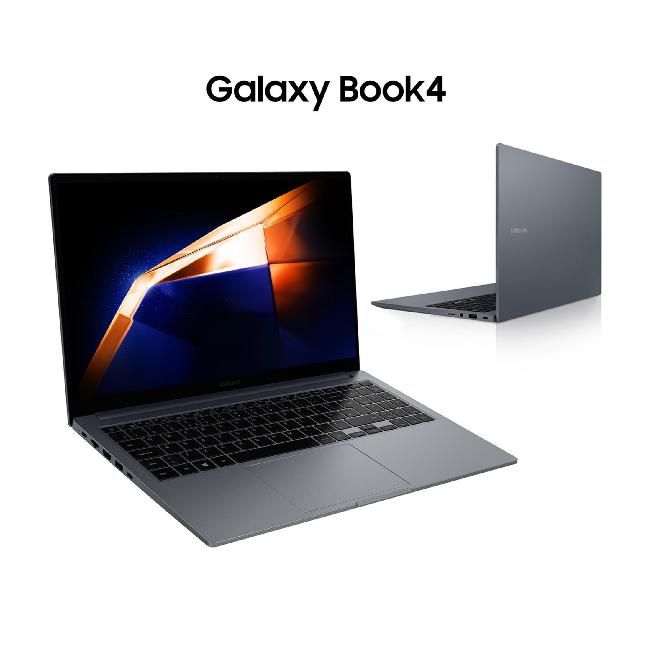 Un laptop Samsung Galaxy Book4 grigio con schermo e tastiera illuminati.