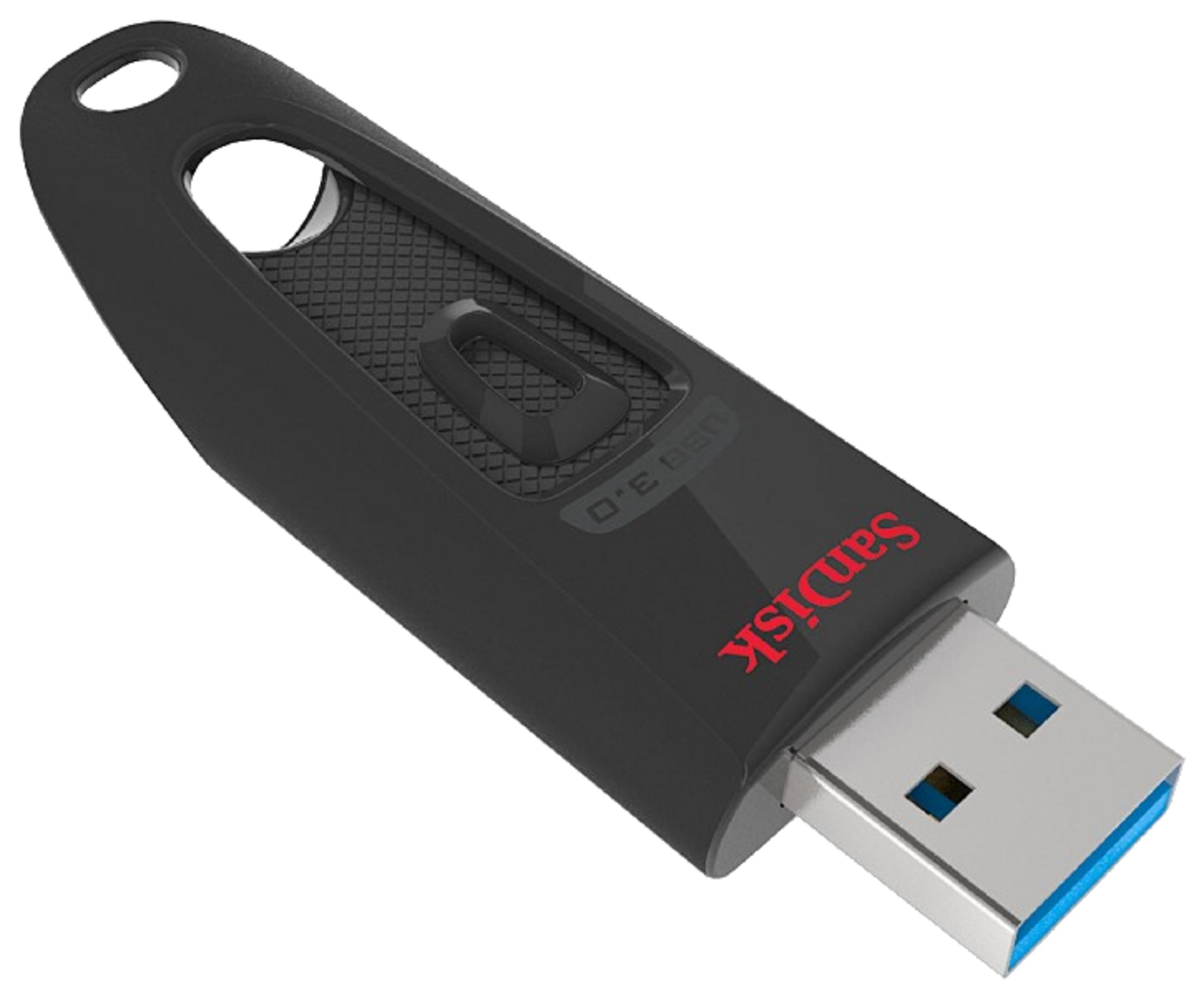 Chiavetta USB nera con logo SanDisk rosso e connettore USB 3.0 blu.