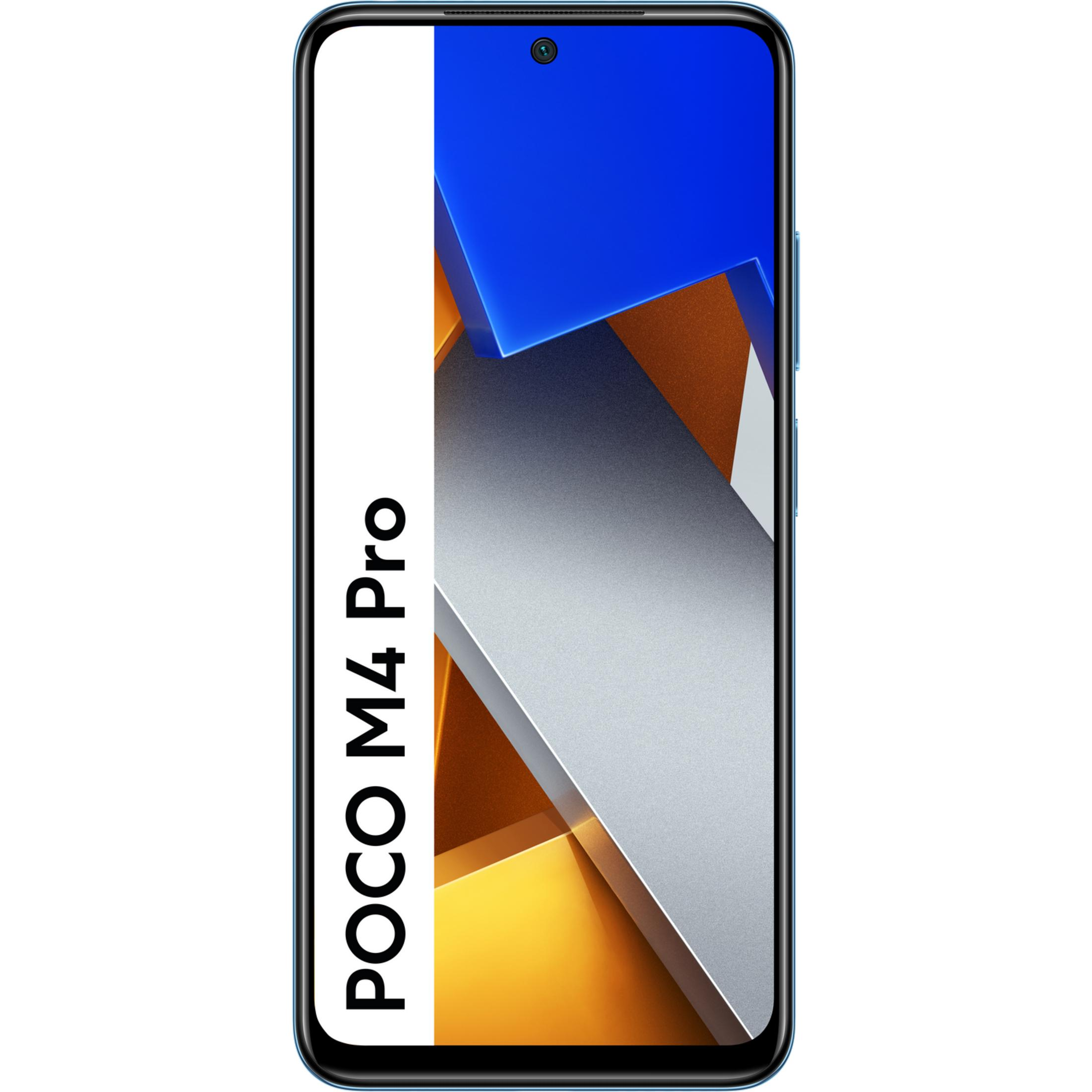 Un smartphone azul claro Poco M4 Pro con fondo abstracto geométrico.