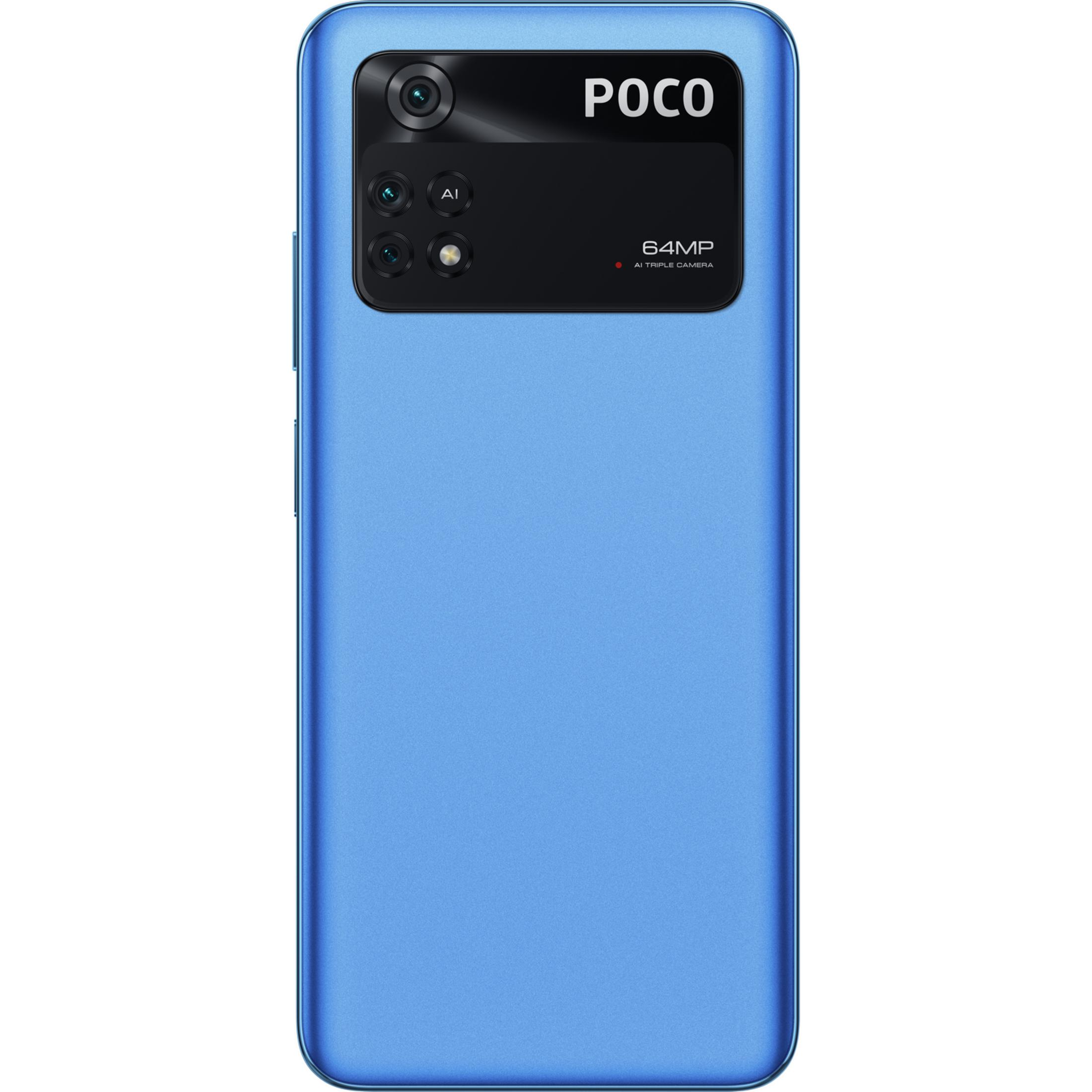 Teléfono inteligente azul con logo POCO y triple cámara IA de 64MP.