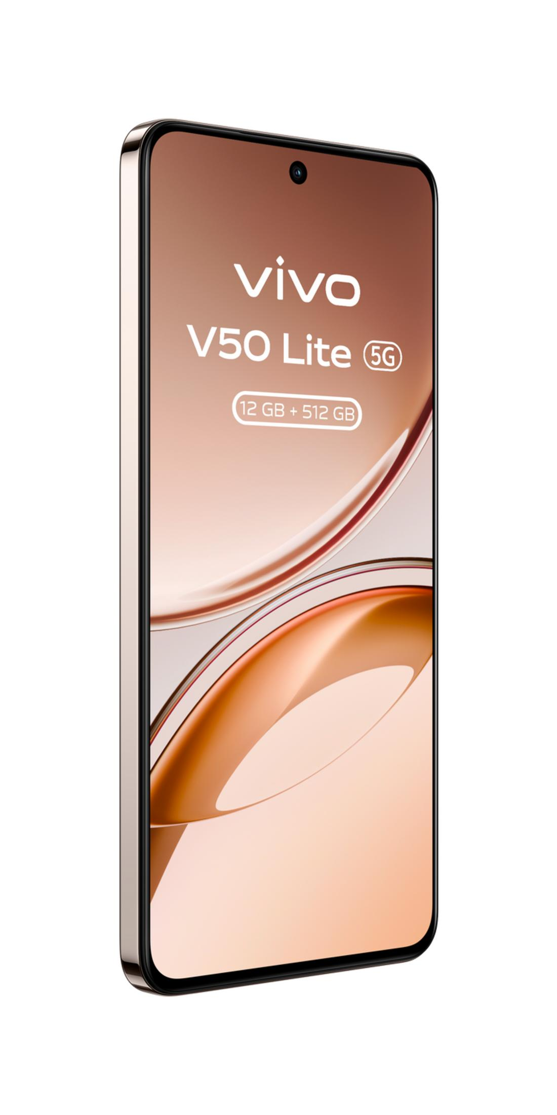 Smartphone Vivo V50 Lite 5G con 12 GB + 512 GB de almacenamiento, en dorado.