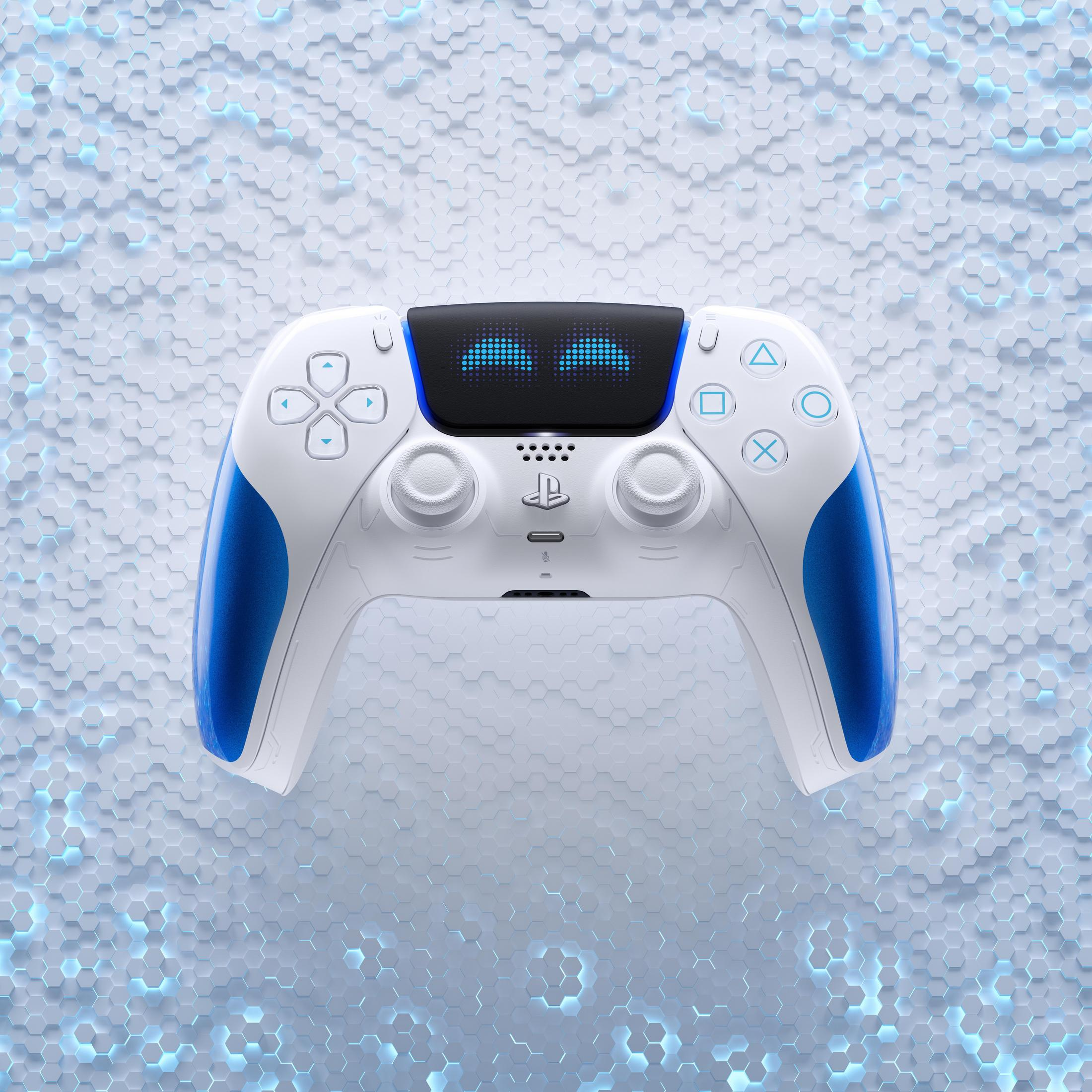 Ein weißer und blauer Controller mit leuchtenden blauen Augen auf hexagonaler Textur.