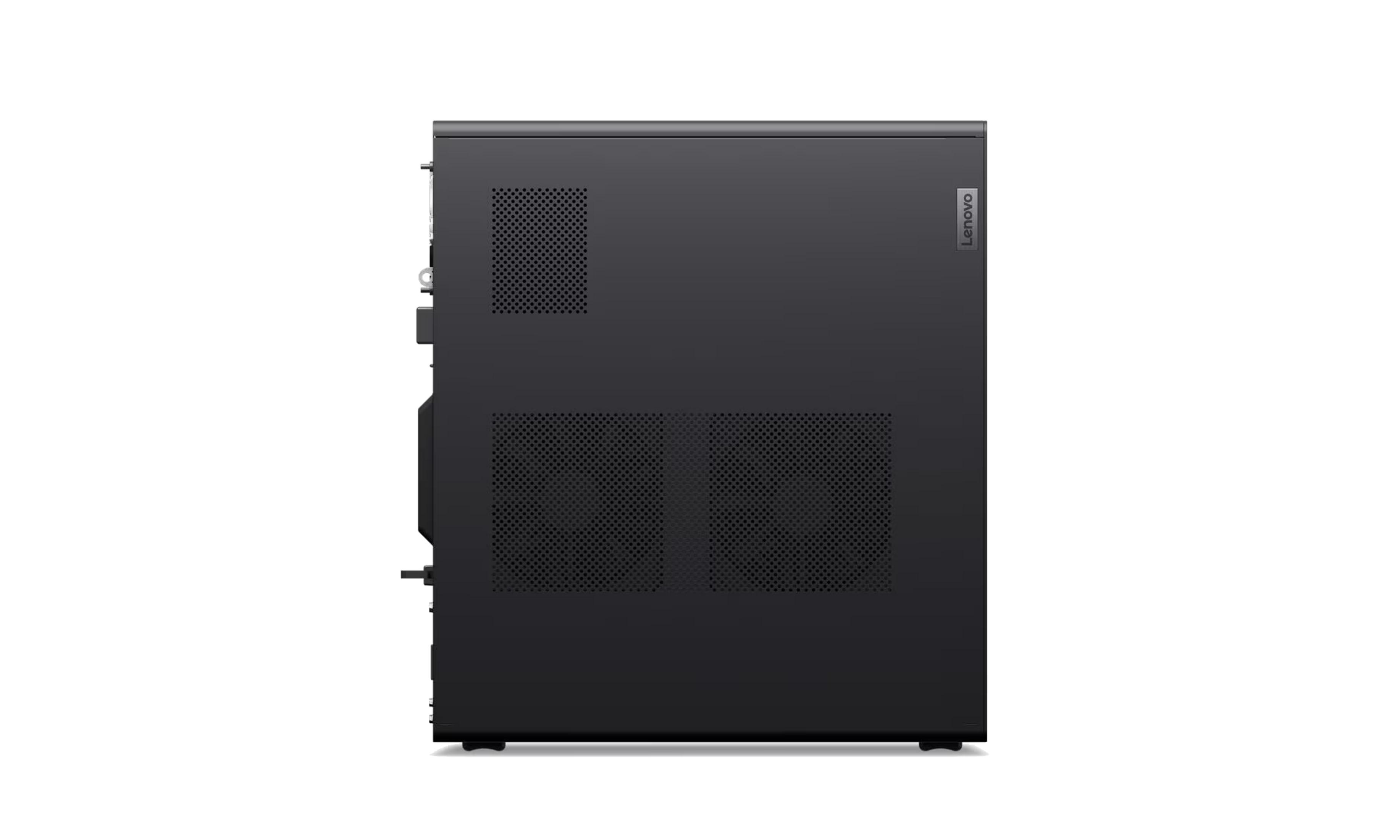 Torre de computadora de escritorio Lenovo negra con rejillas y logo.