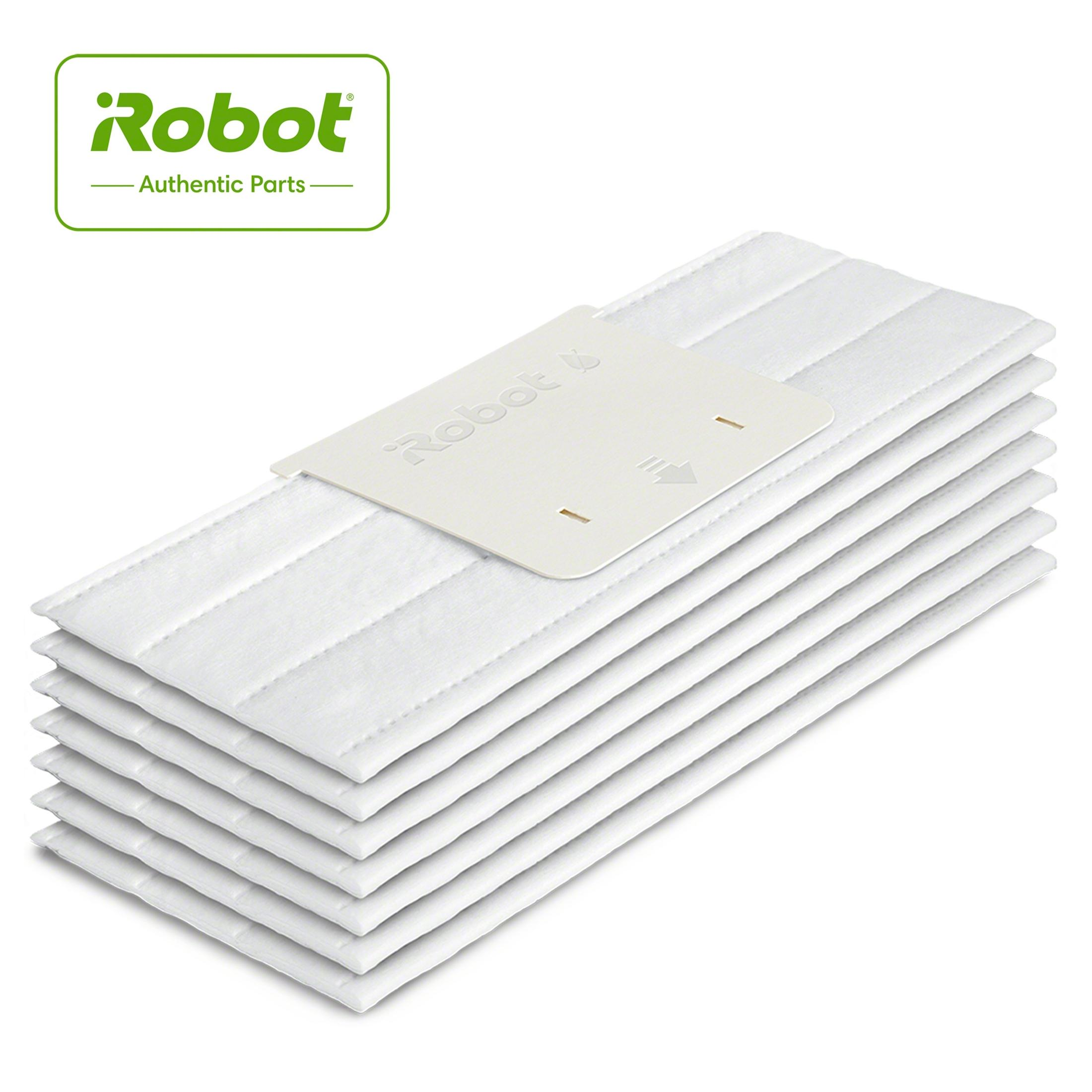 Una pila de almohadillas blancas para fregar con el logo de iRobot y marcas de flecha.