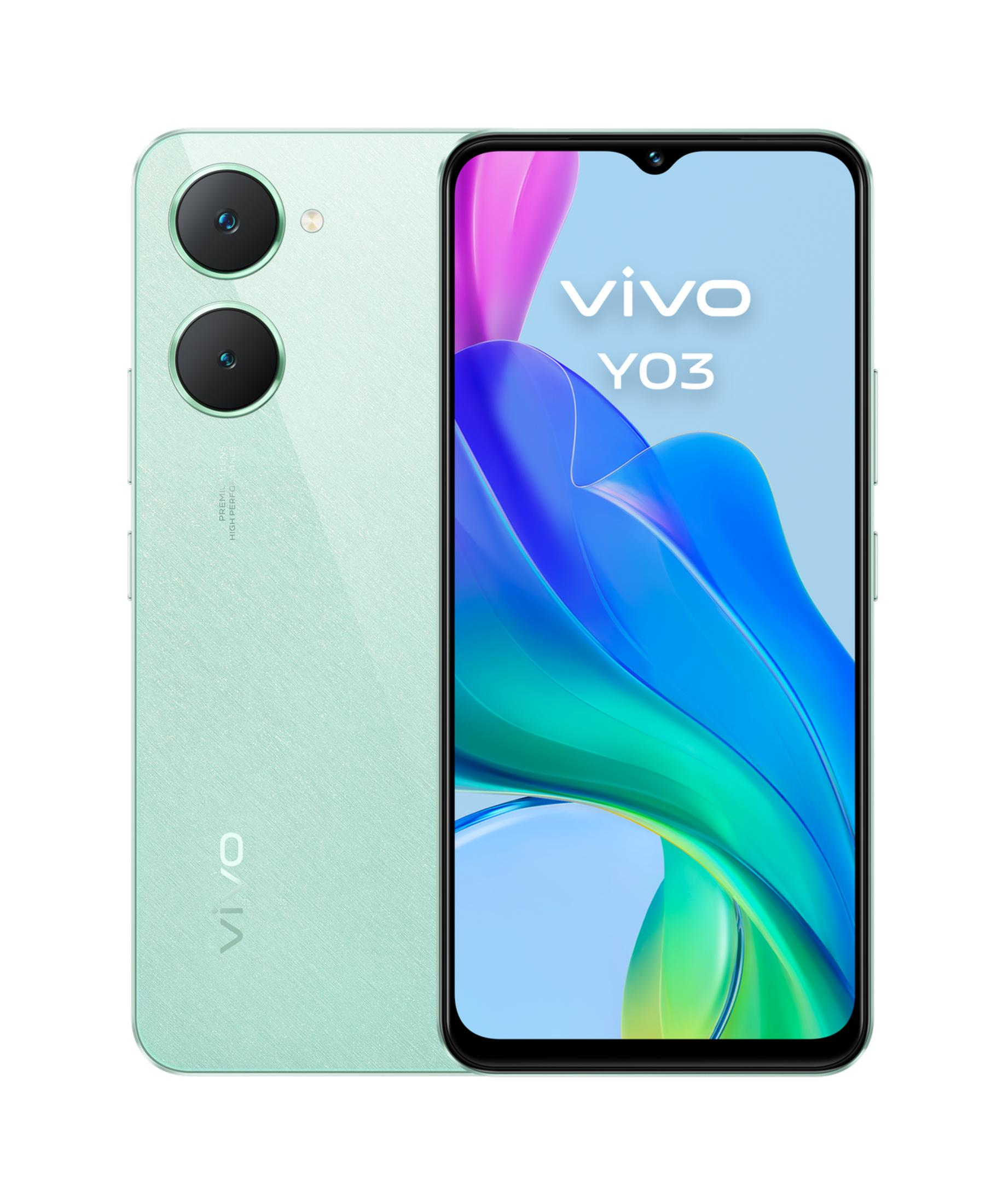 Ein hellgrünes Vivo Y03 Smartphone mit zwei Kameras und einem lebendigen Bildschirm.