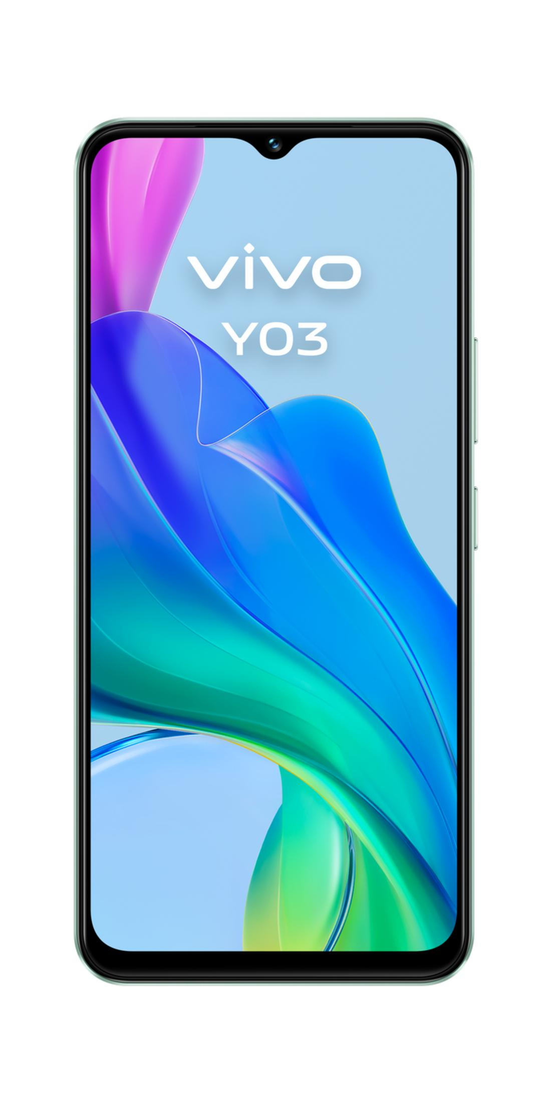 Ein hellgrünes Vivo Y03 Smartphone mit einem Wellenmuster auf dem Bildschirm.