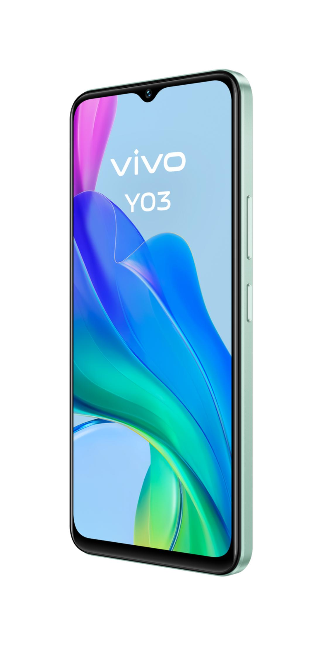 Ein mintgrünes Vivo Y03 Smartphone mit einem Farbverlauf auf dem Bildschirm.