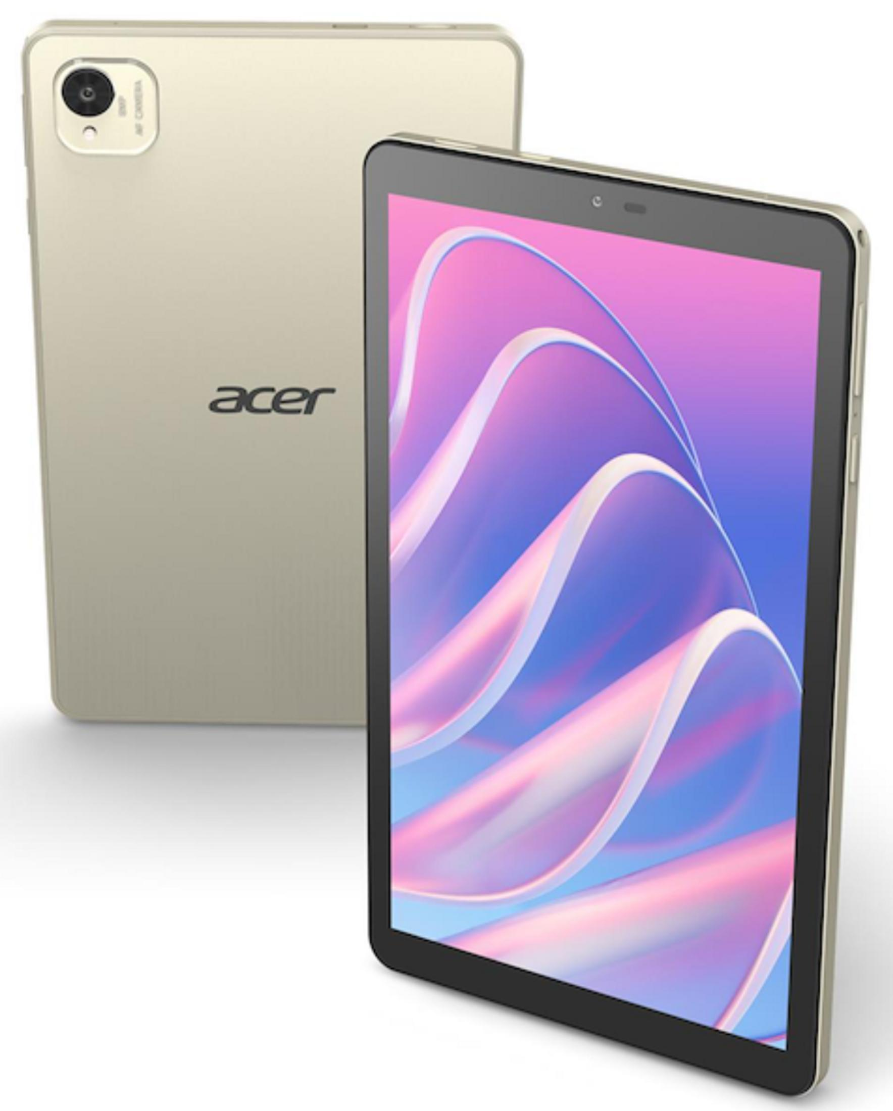 Due tablet Acer dorate, una vista da dietro, l'altra frontalmente.